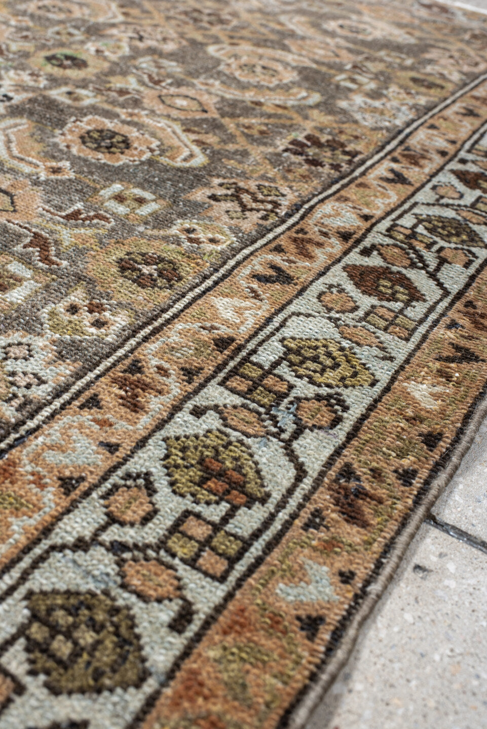 3' x 4' one-of-a-kind handmade vintage Malayer small size rug. Color palette: taupe, camel, ivory, pale_blue, brown, sage
