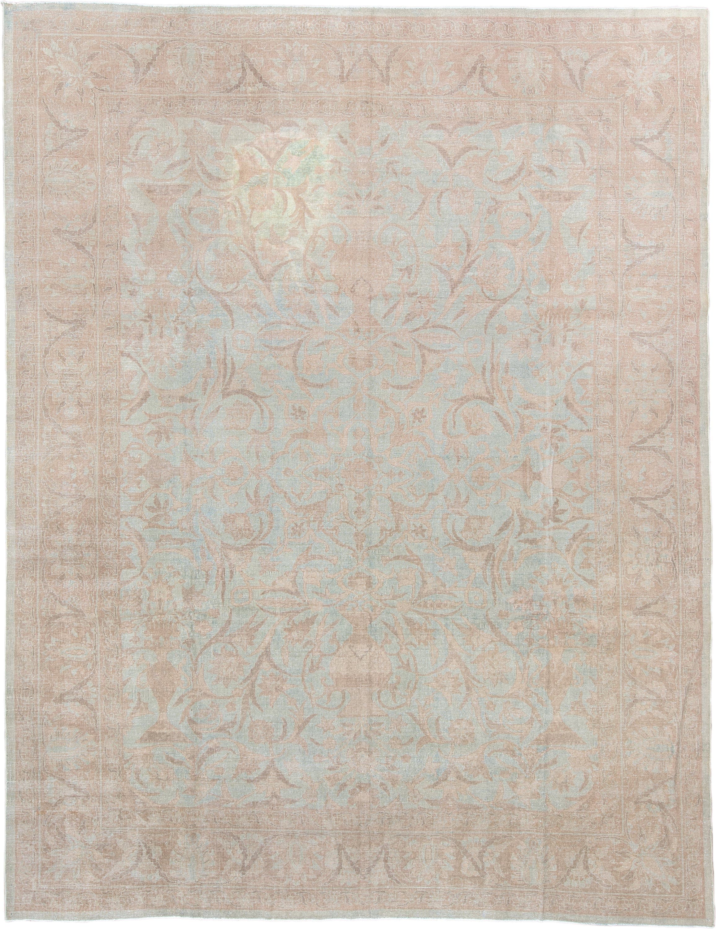 9' x 11' one-of-a-kind handmade antique Sivas large size rug. Color palette: blush, ivory, pale aqua, taupe, beige, pink