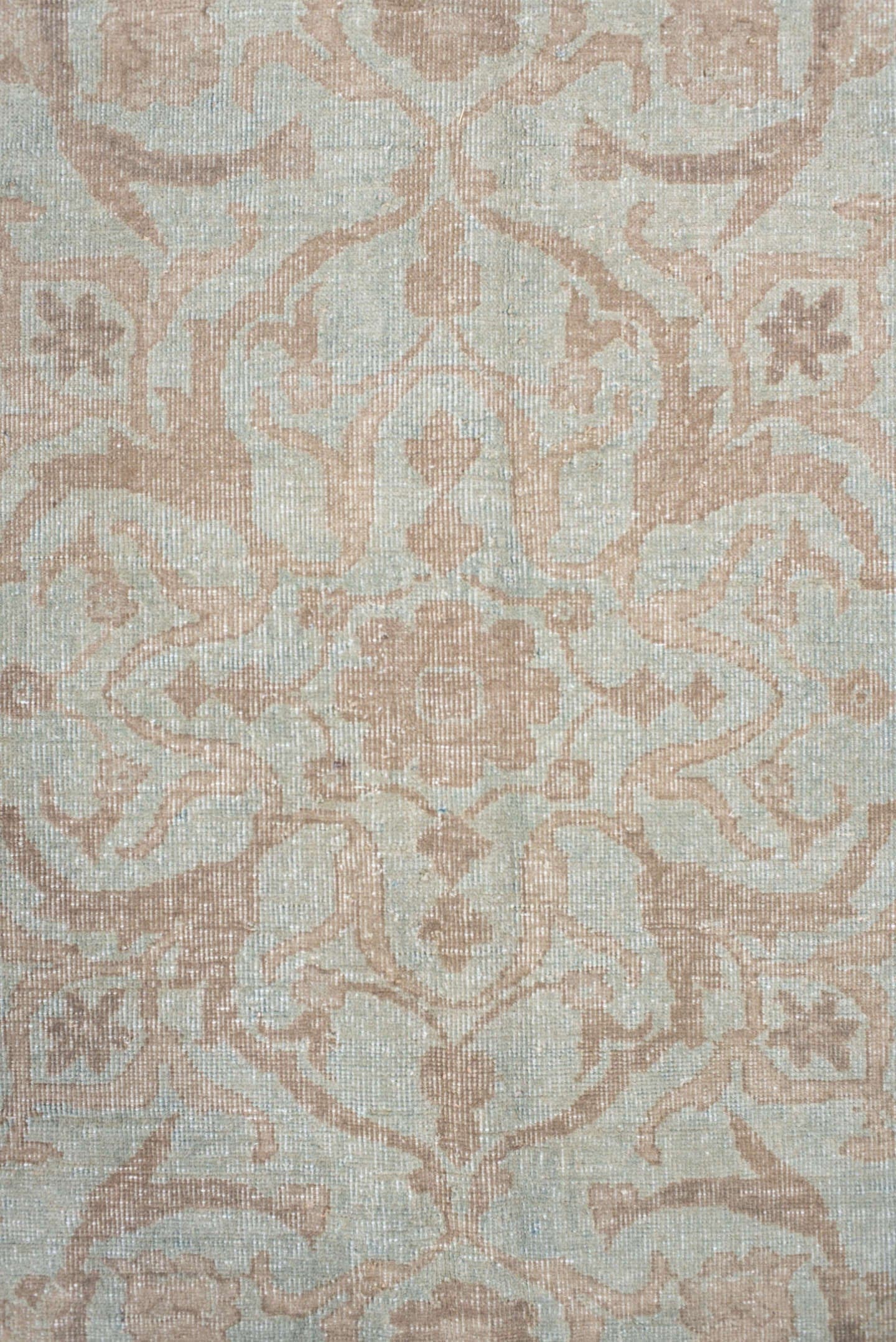 9' x 11' one-of-a-kind handmade antique Sivas large size rug. Color palette: blush, ivory, pale aqua, taupe, beige, pink