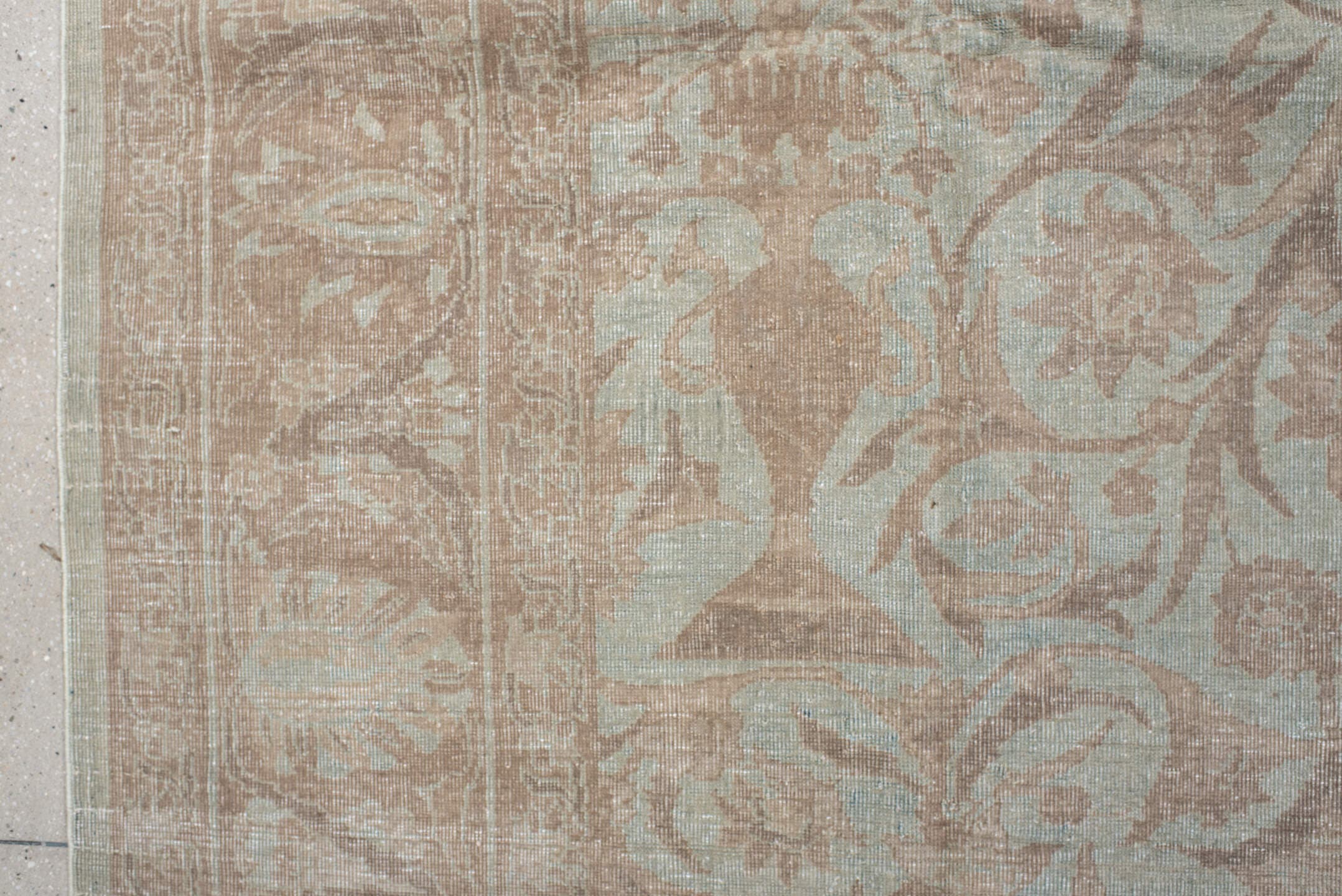 9' x 11' one-of-a-kind handmade antique Sivas large size rug. Color palette: blush, ivory, pale aqua, taupe, beige, pink