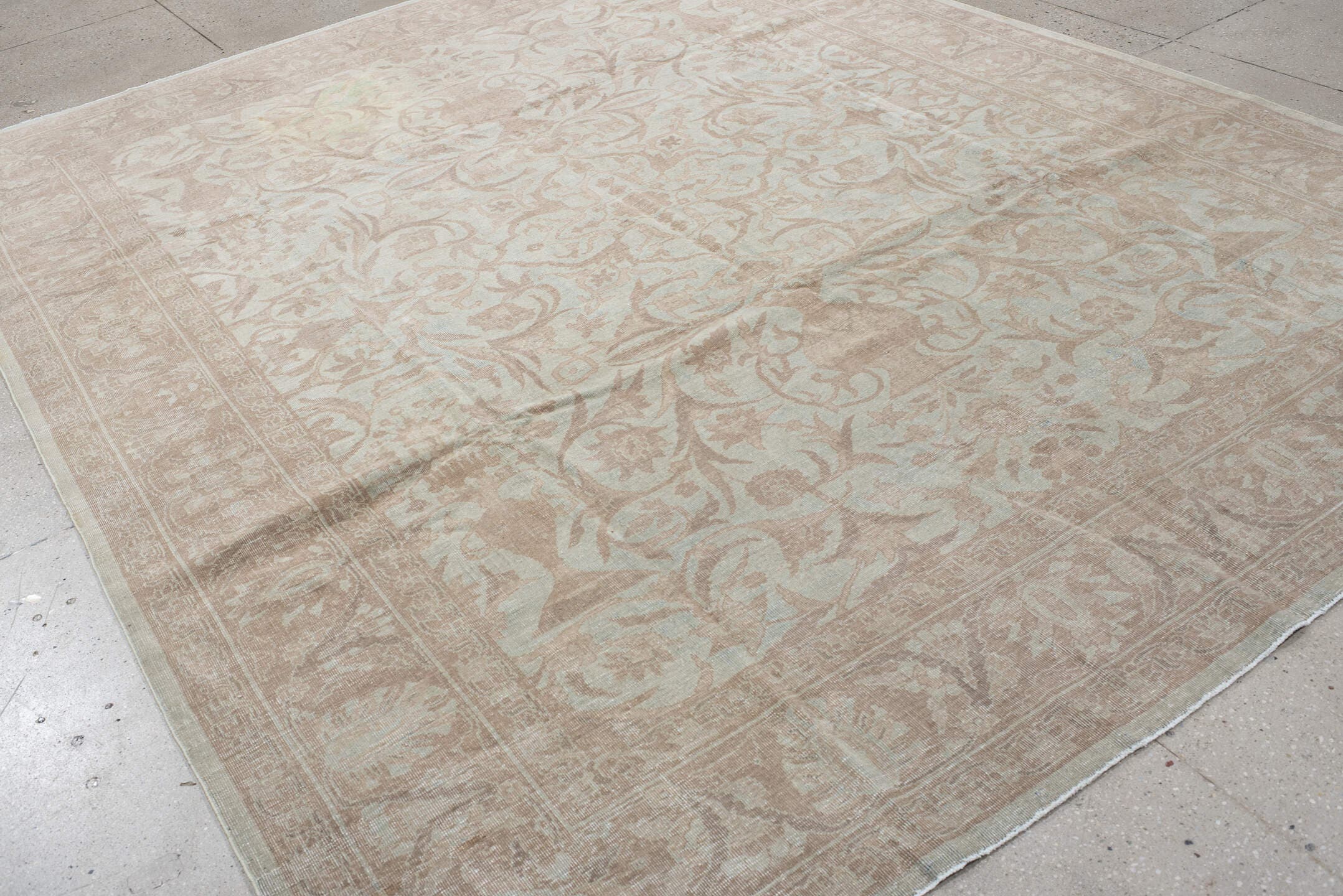 9' x 11' one-of-a-kind handmade antique Sivas large size rug. Color palette: blush, ivory, pale aqua, taupe, beige, pink