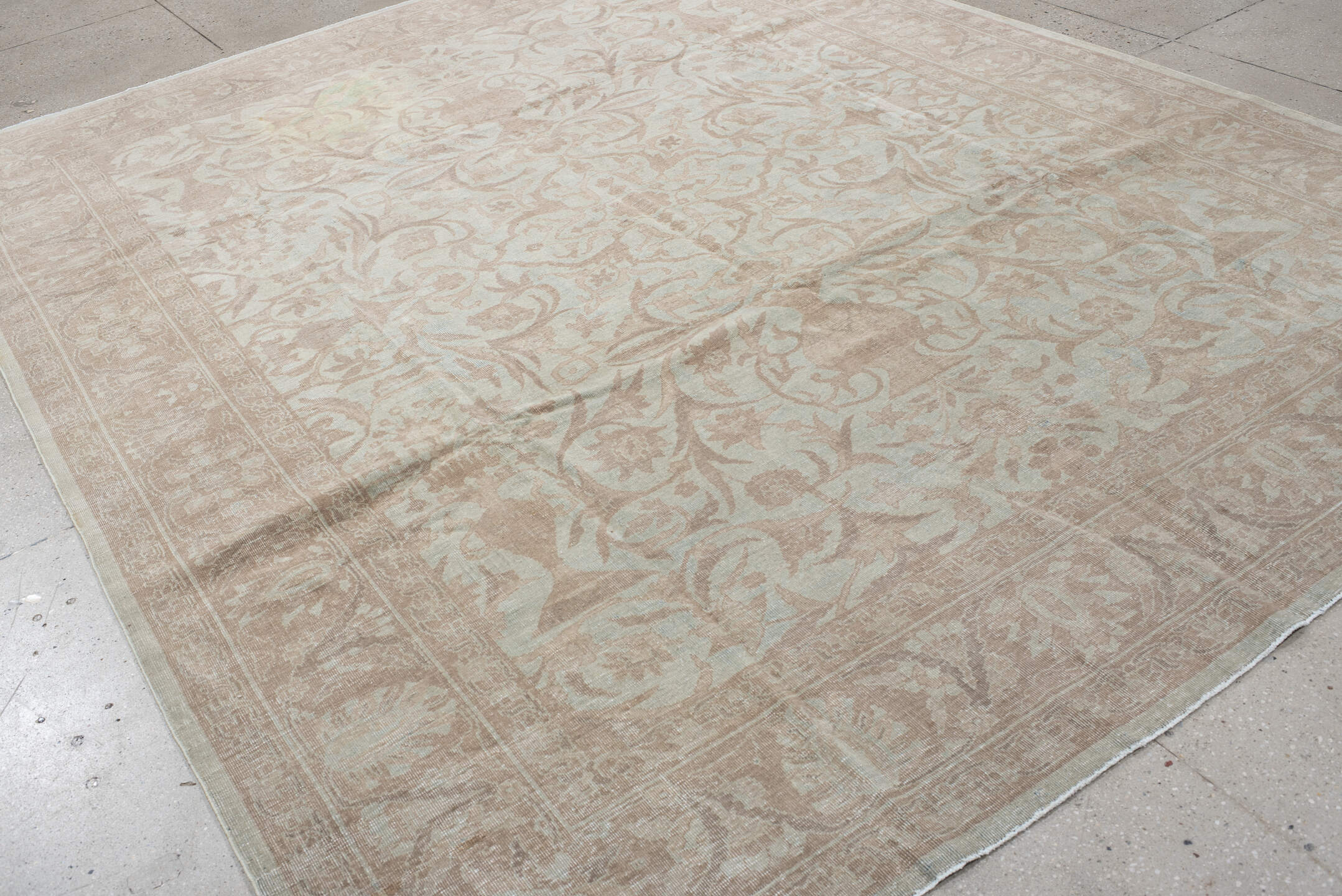 9' x 11' one-of-a-kind handmade antique Sivas large size rug. Color palette: blush, ivory, pale aqua, taupe, beige, pink