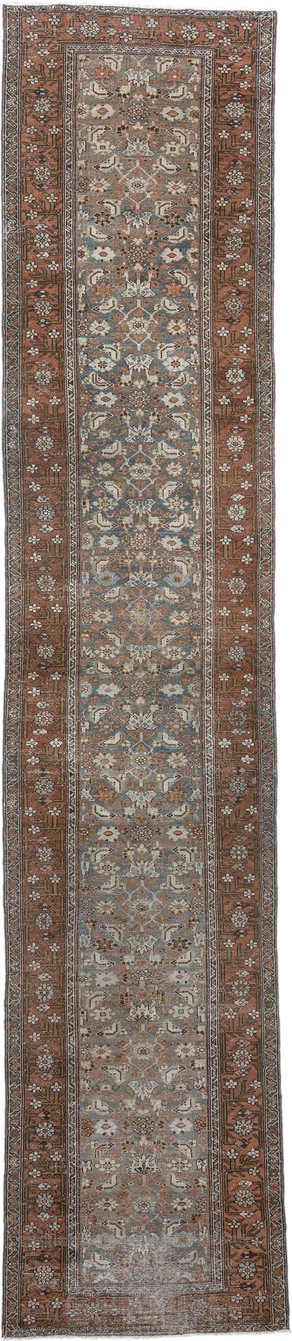3' x 16' one-of-a-kind handmade vintage Malayer runner rug. Color palette: rust, slate, ivory, taupe, camel, charcoal