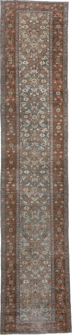 3' x 16' one-of-a-kind handmade vintage Malayer runner rug. Color palette: brown, dark gray, dim gray, gainsboro, gray