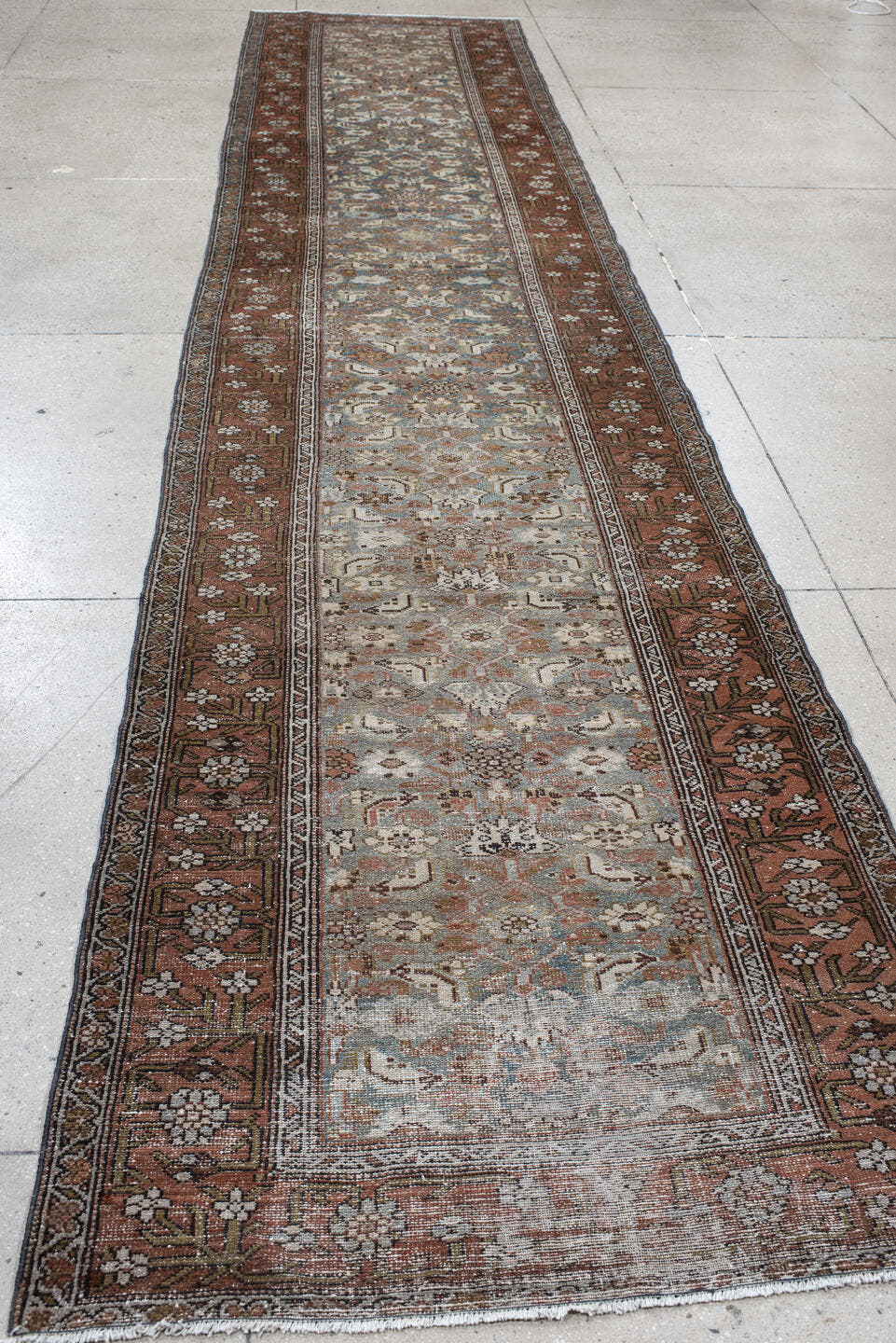 3' x 16' one-of-a-kind handmade vintage Malayer runner rug. Color palette: rust, slate, ivory, taupe, camel, charcoal