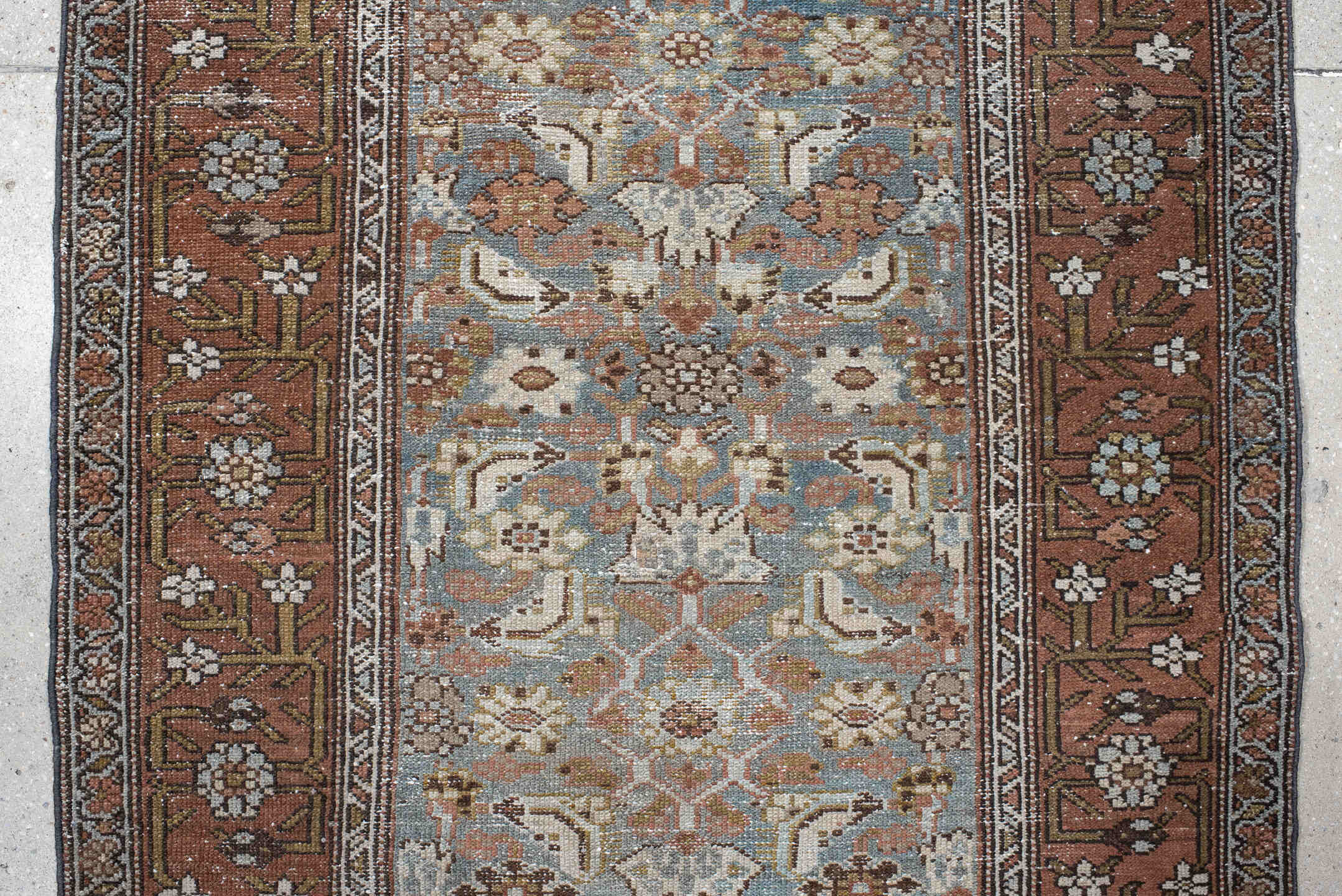 3' x 16' one-of-a-kind handmade vintage Malayer runner rug. Color palette: rust, slate, ivory, taupe, camel, charcoal