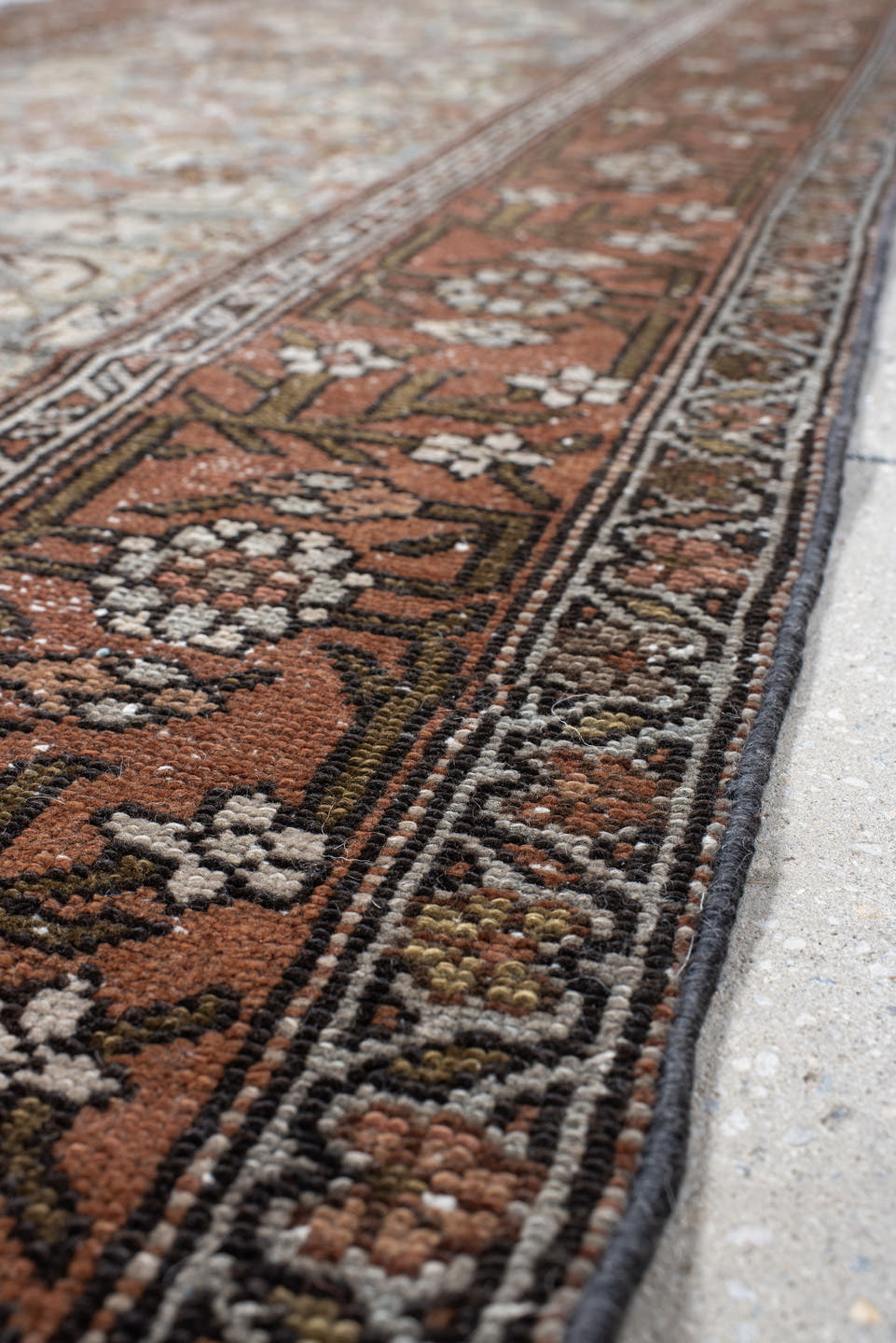 3' x 16' one-of-a-kind handmade vintage Malayer runner rug. Color palette: rust, slate, ivory, taupe, camel, charcoal