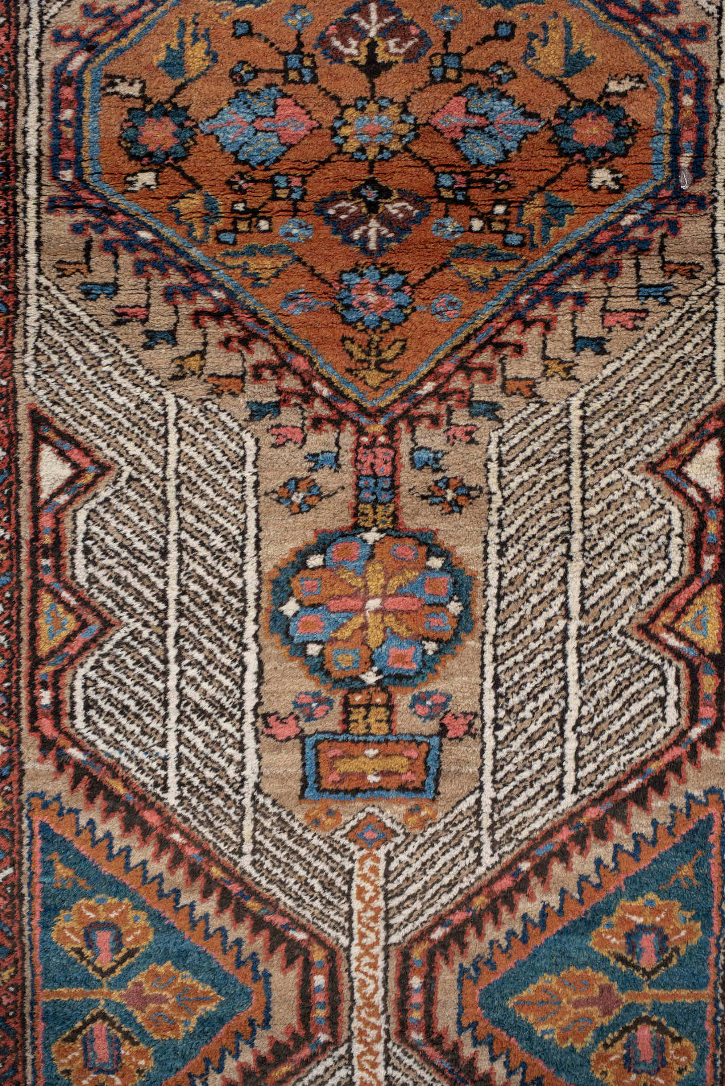 3' x 15' one-of-a-kind handmade vintage Sarab runner rug. Color palette: ivory, rust, indigo, camel, navy, terra cotta