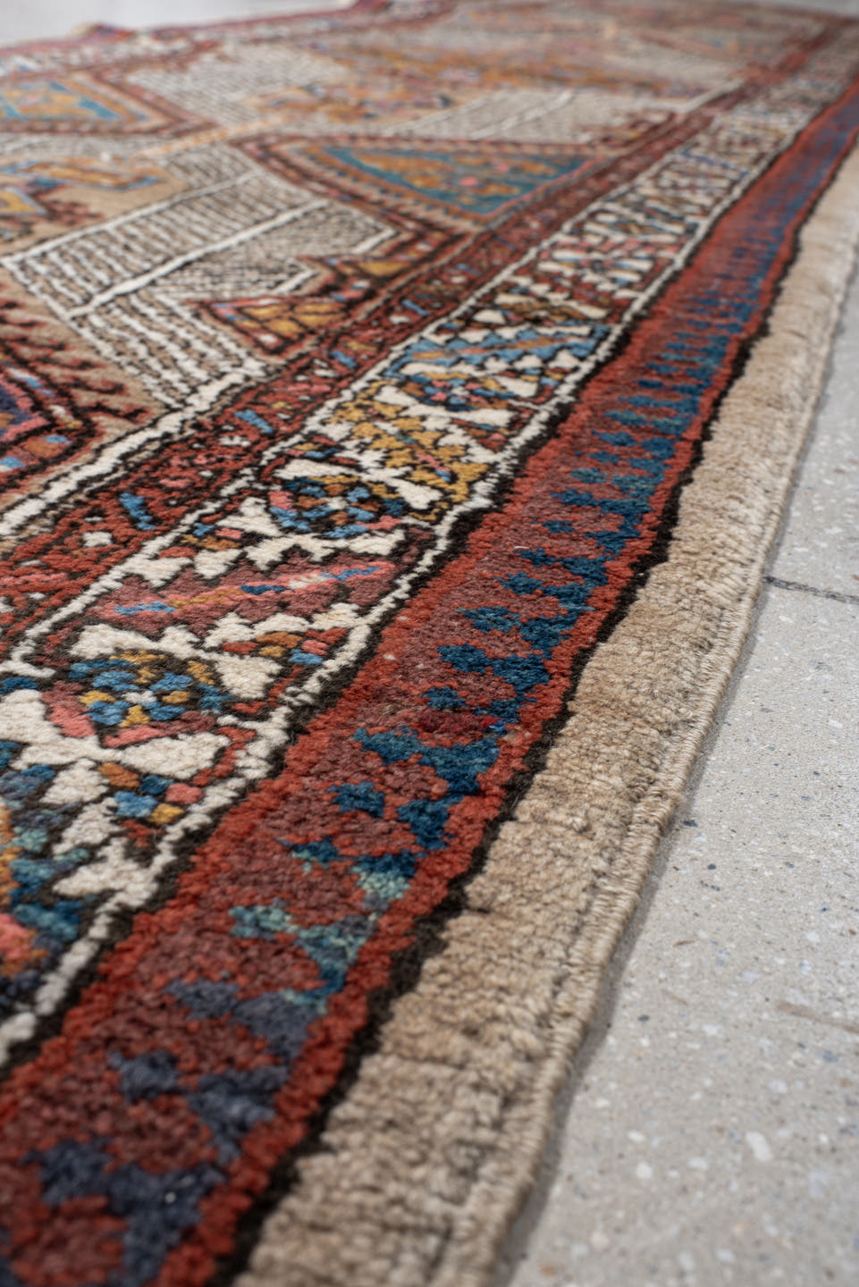 3' x 15' one-of-a-kind handmade vintage Sarab runner rug. Color palette: ivory, rust, indigo, camel, navy, terra cotta