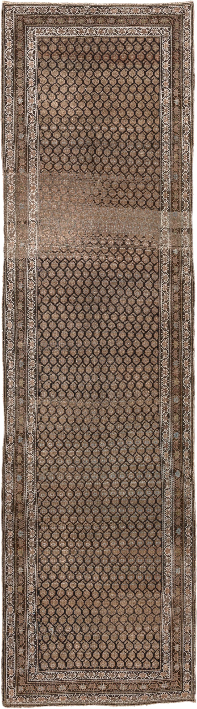 4' x 14' one-of-a-kind handmade vintage Malayer runner rug. Color palette: brown, taupe, camel, ivory, charcoal, beige, gray