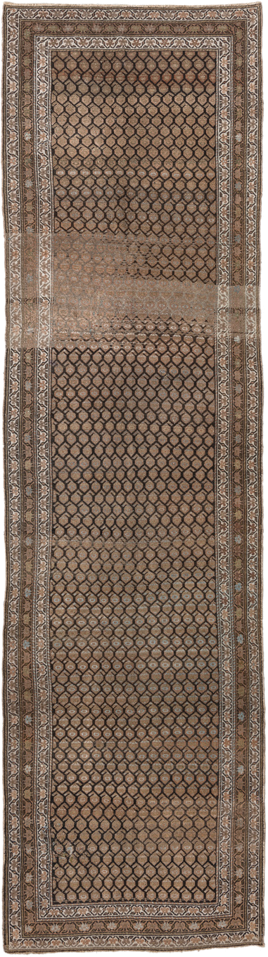 4' x 14' one-of-a-kind handmade vintage Malayer runner rug. Color palette: brown, taupe, camel, ivory, charcoal, beige, gray