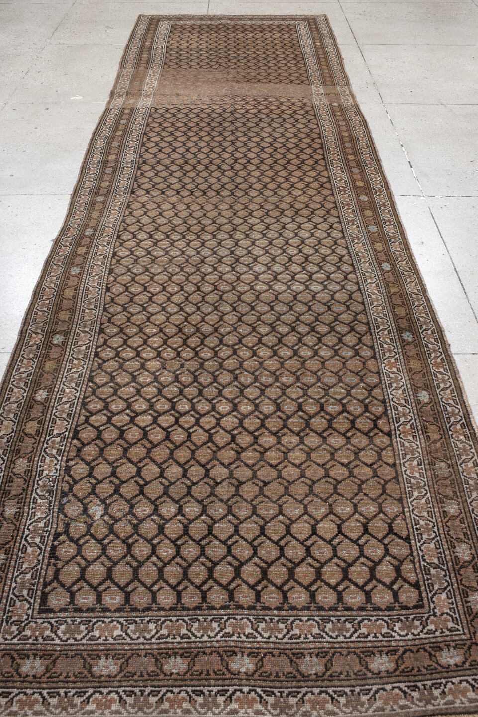 4' x 14' one-of-a-kind handmade vintage Malayer runner rug. Color palette: brown, taupe, camel, ivory, charcoal, beige, gray