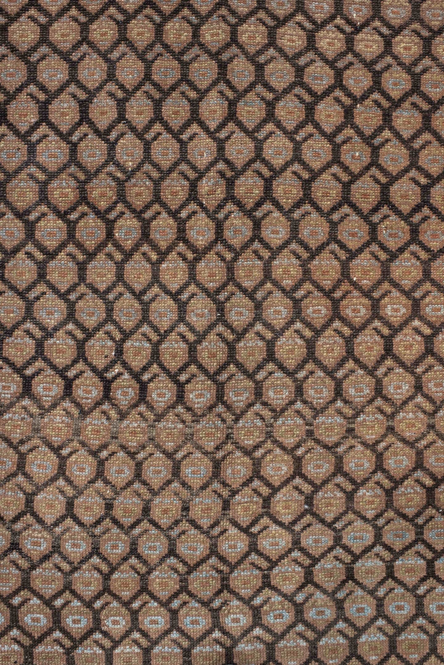 4' x 14' one-of-a-kind handmade vintage Malayer runner rug. Color palette: brown, taupe, camel, ivory, charcoal, beige, gray