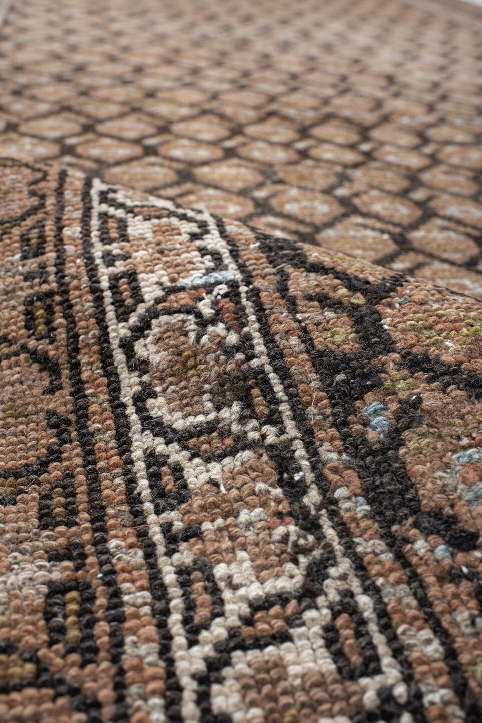 4' x 14' one-of-a-kind handmade vintage Malayer runner rug. Color palette: brown, taupe, camel, ivory, charcoal, beige, gray