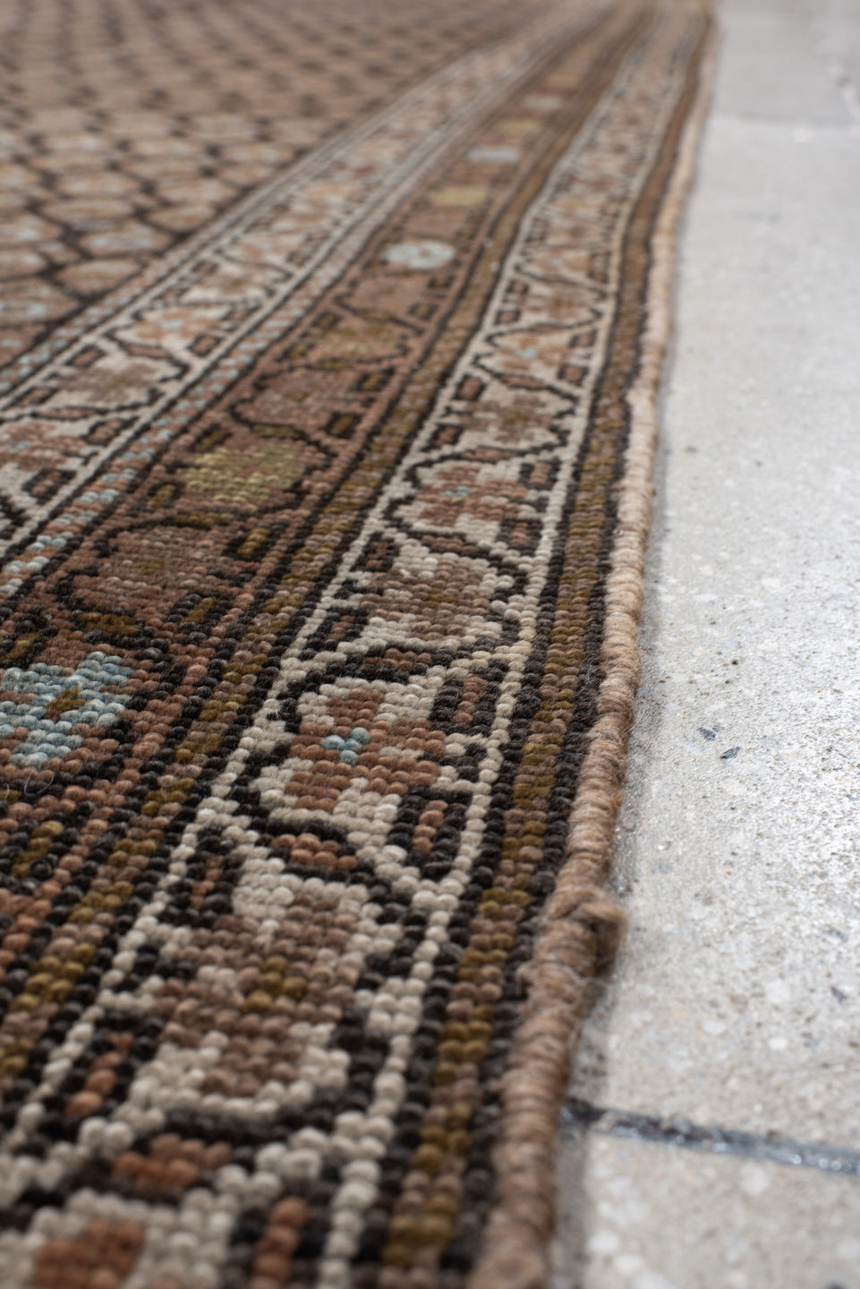 4' x 14' one-of-a-kind handmade vintage Malayer runner rug. Color palette: brown, taupe, camel, ivory, charcoal, beige, gray