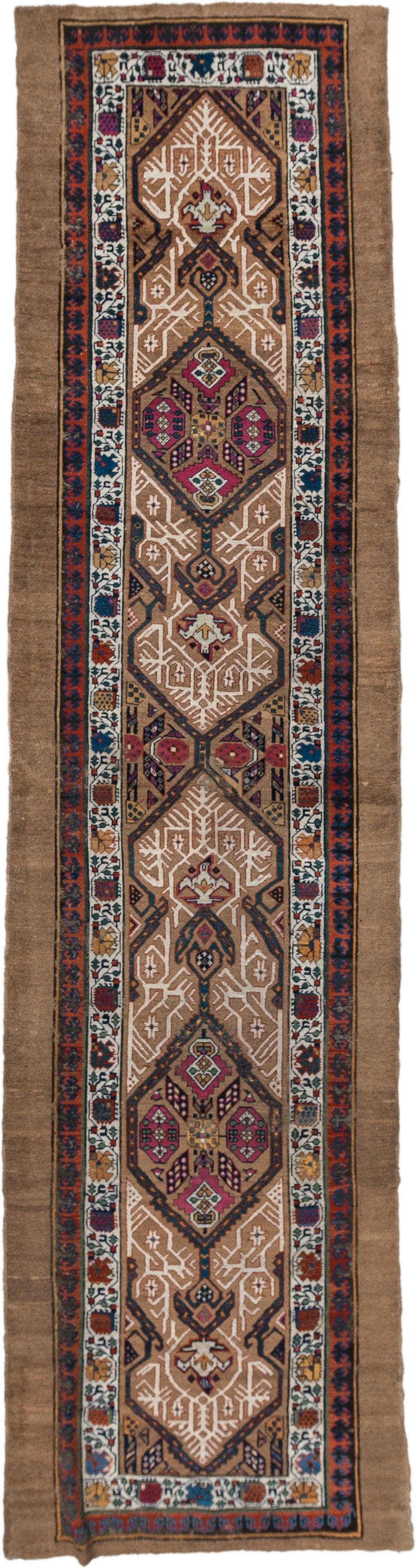 3' x 14' one-of-a-kind handmade vintage Cam Hamadan runner rug. Color palette: camel, ivory, indigo, rust, rose, taupe, navy
