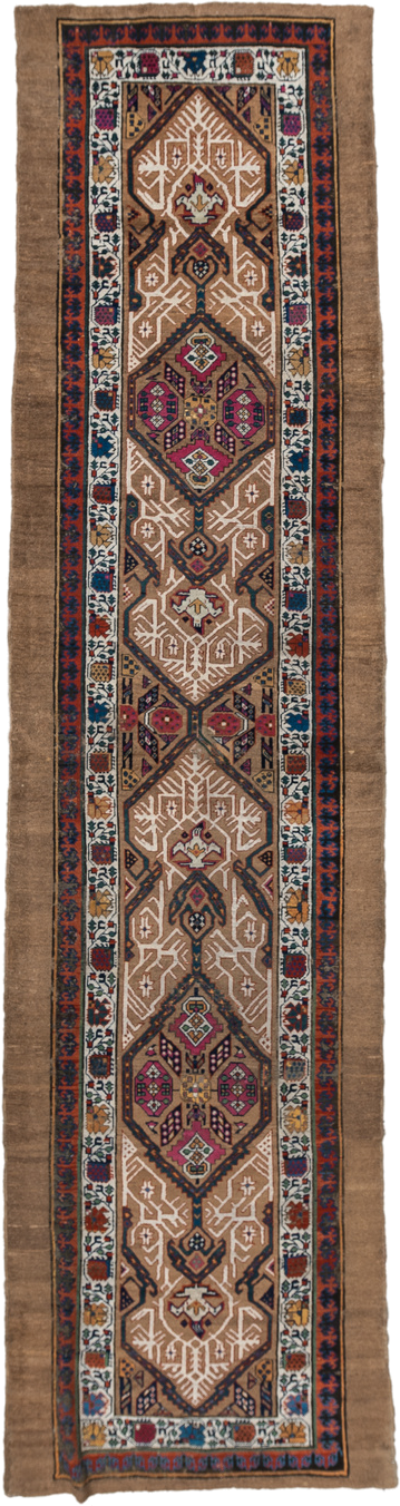 3' x 14' one-of-a-kind handmade vintage Cam Hamadan runner rug. Color palette: camel, ivory, indigo, rust, rose, taupe, navy