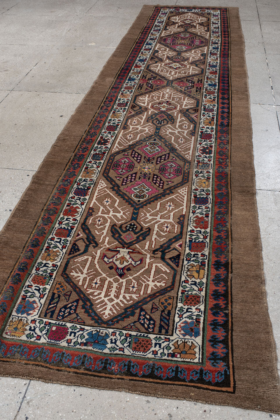 3' x 14' one-of-a-kind handmade vintage Cam Hamadan runner rug. Color palette: camel, ivory, indigo, rust, rose, taupe, navy