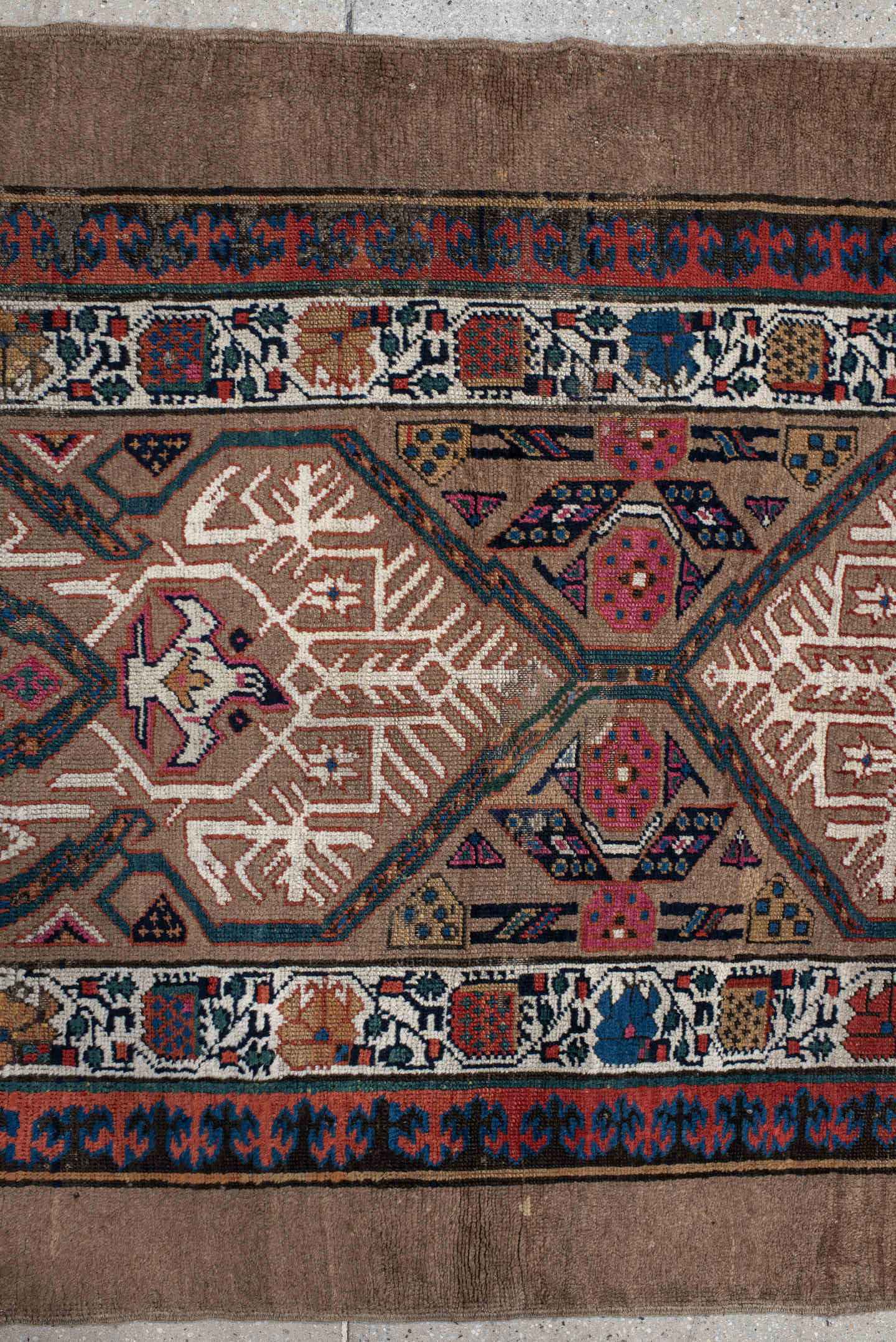 3' x 14' one-of-a-kind handmade vintage Cam Hamadan runner rug. Color palette: camel, ivory, indigo, rust, rose, taupe, navy