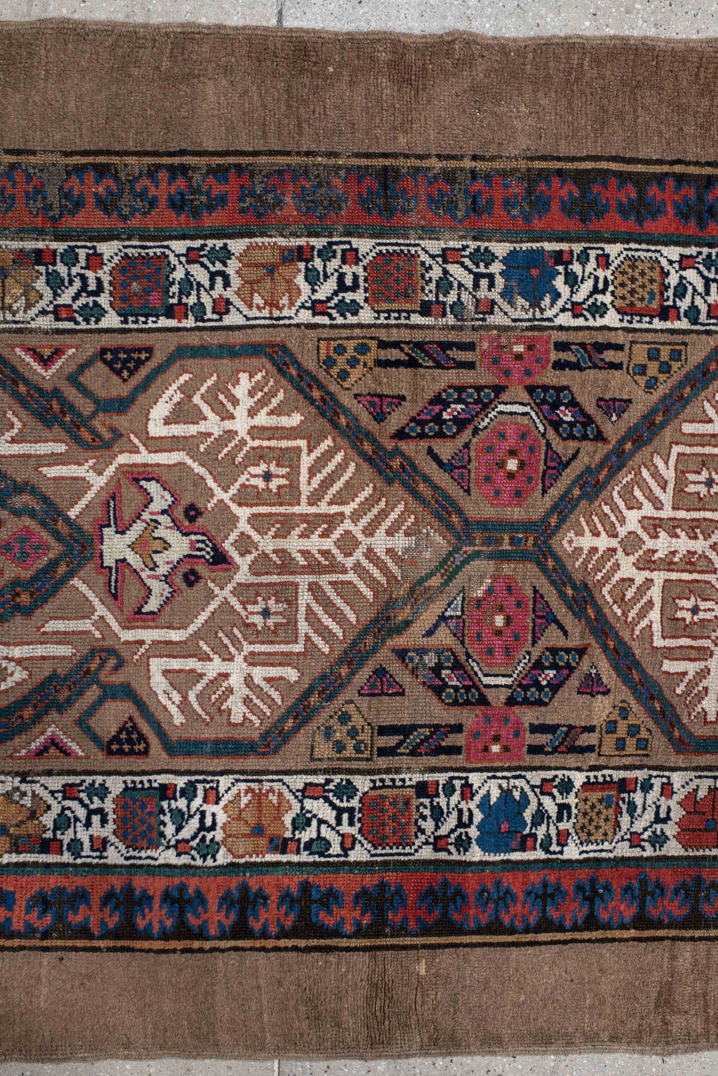 3' x 14' one-of-a-kind handmade vintage Cam Hamadan runner rug. Color palette: camel, ivory, indigo, rust, rose, taupe, navy