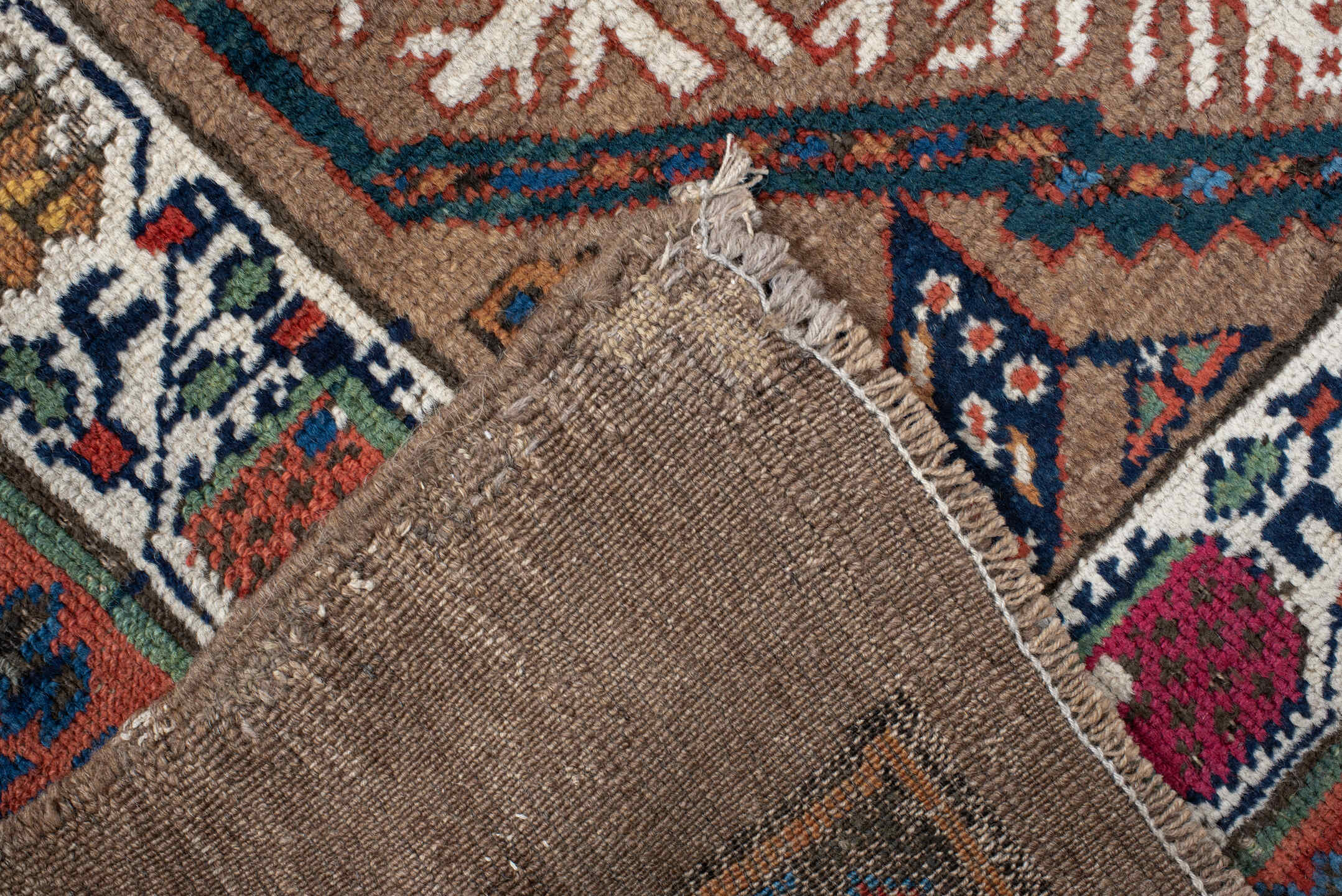 3' x 14' one-of-a-kind handmade vintage Cam Hamadan runner rug. Color palette: camel, ivory, indigo, rust, rose, taupe, navy
