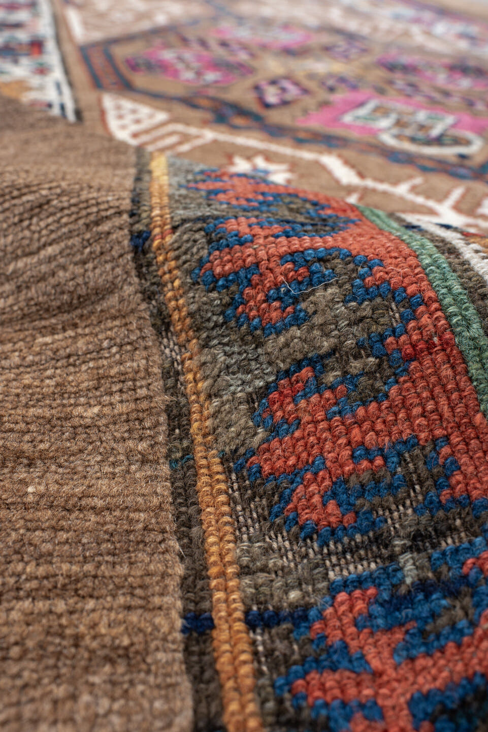 3' x 14' one-of-a-kind handmade vintage Cam Hamadan runner rug. Color palette: camel, ivory, indigo, rust, rose, taupe, navy