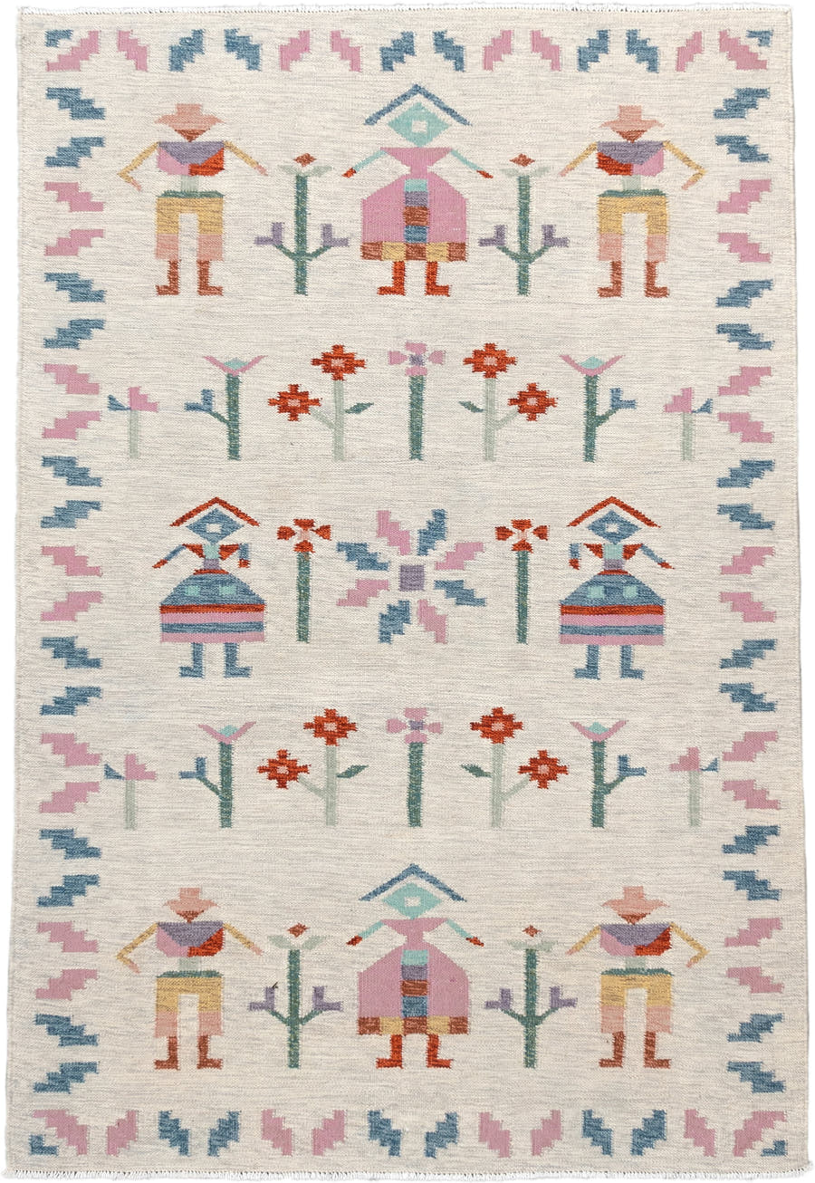 4' x 5' one-of-a-kind handmade vintage Scadinavian small size rug. Color palette: ivory, pink, sky_blue, seafoam, rust