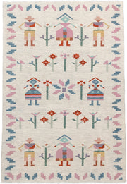 4' x 5' one-of-a-kind handmade vintage Scadinavian small size rug. Color palette: ivory, pink, sky_blue, seafoam, rust