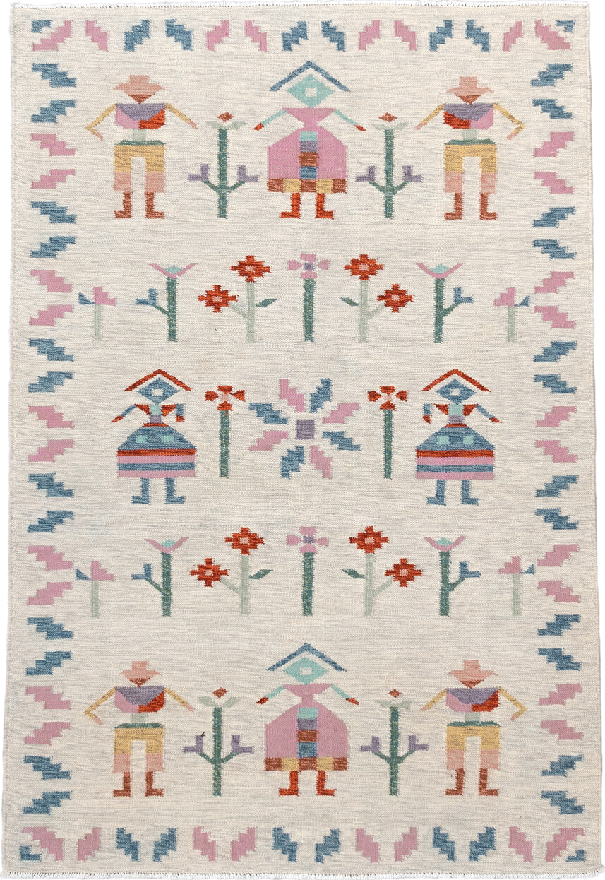 4' x 5' one-of-a-kind handmade vintage Scadinavian small size rug. Color palette: ivory, pink, sky_blue, seafoam, rust