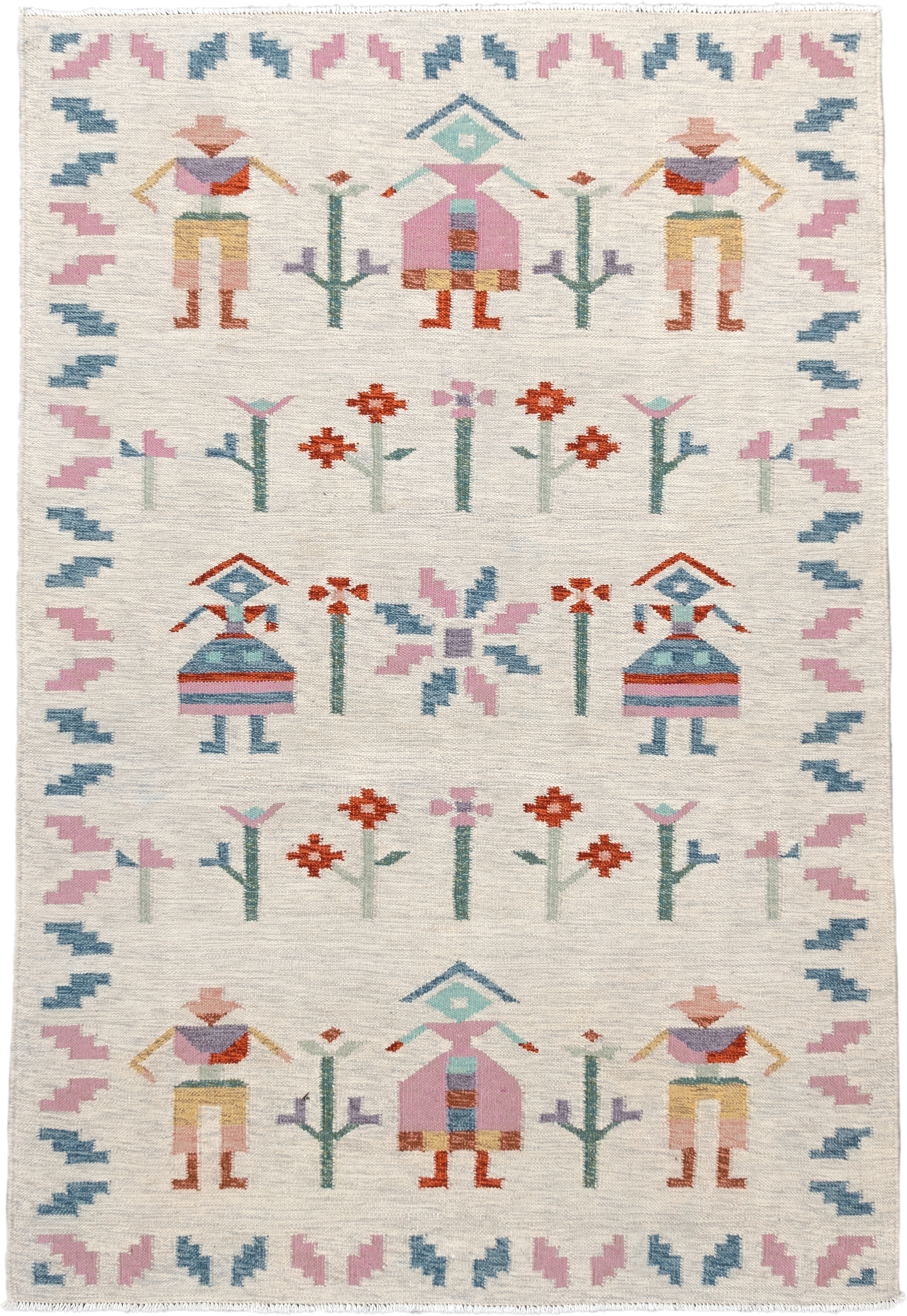 4' x 5' one-of-a-kind handmade vintage Scadinavian small size rug. Color palette: ivory, pink, sky_blue, seafoam, rust