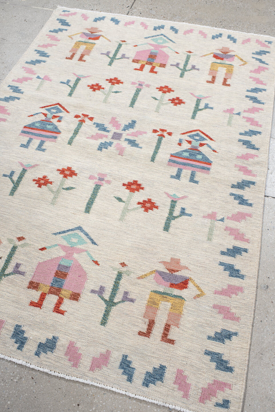 4' x 5' one-of-a-kind handmade vintage Scadinavian small size rug. Color palette: ivory, pink, sky_blue, seafoam, rust