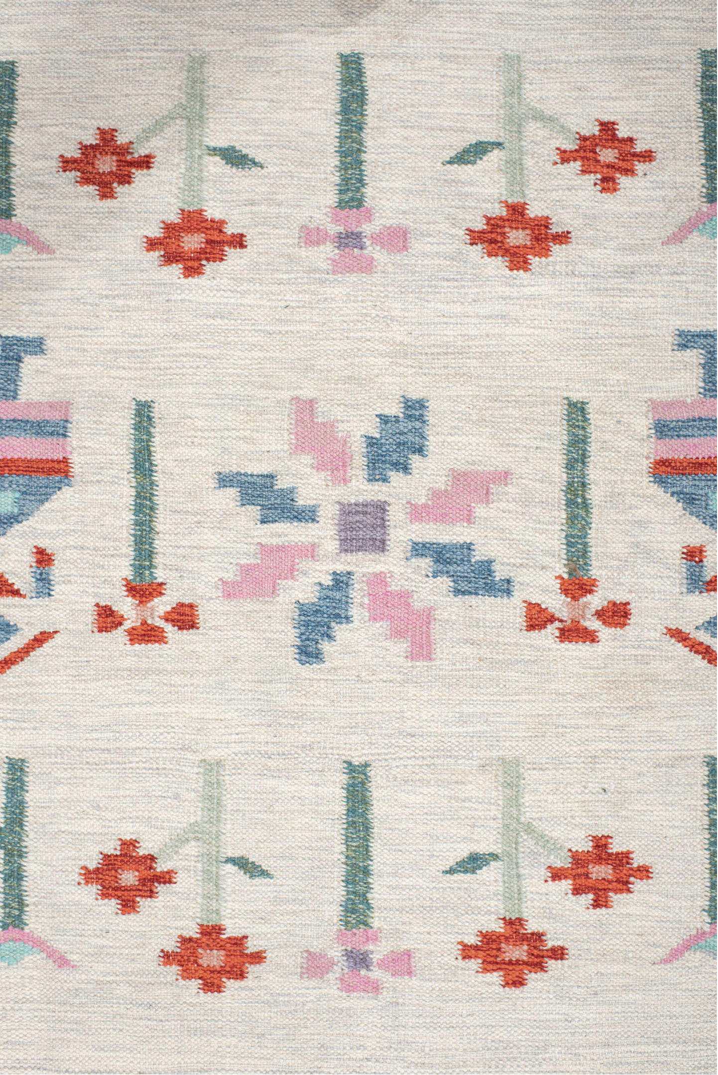 4' x 5' one-of-a-kind handmade vintage Scadinavian small size rug. Color palette: ivory, pink, sky_blue, seafoam, rust
