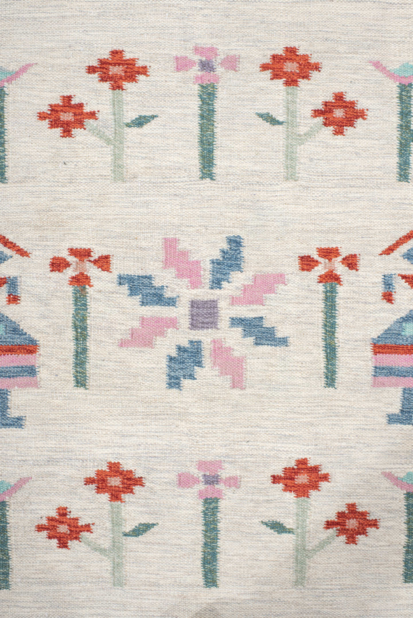 4' x 5' one-of-a-kind handmade vintage Scadinavian small size rug. Color palette: ivory, pink, sky_blue, seafoam, rust