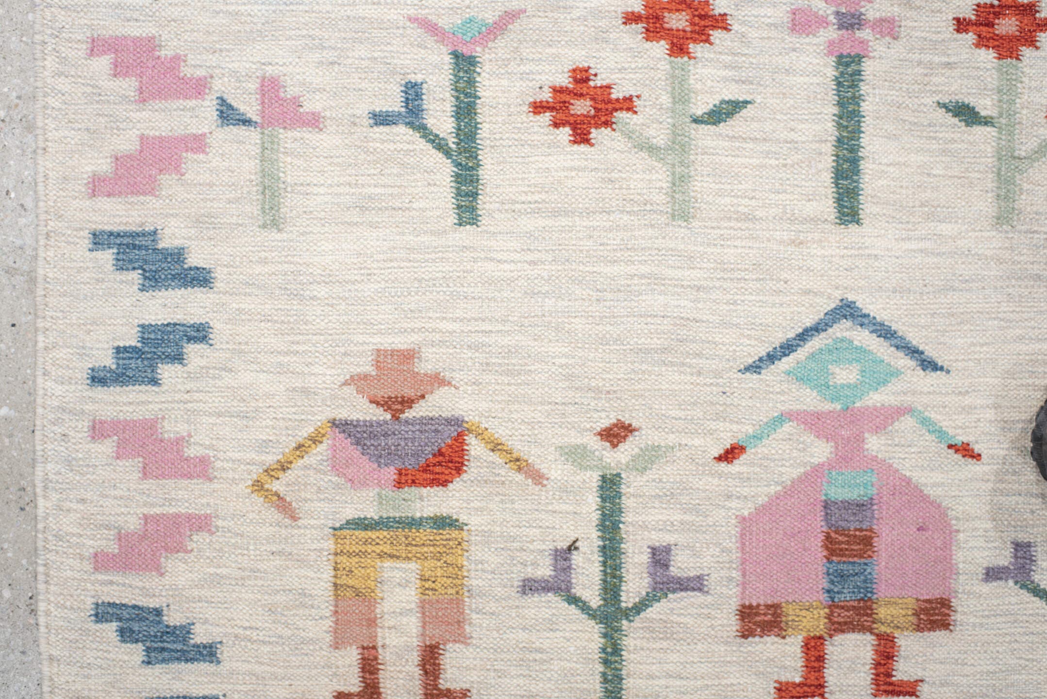 4' x 5' one-of-a-kind handmade vintage Scadinavian small size rug. Color palette: ivory, pink, sky_blue, seafoam, rust