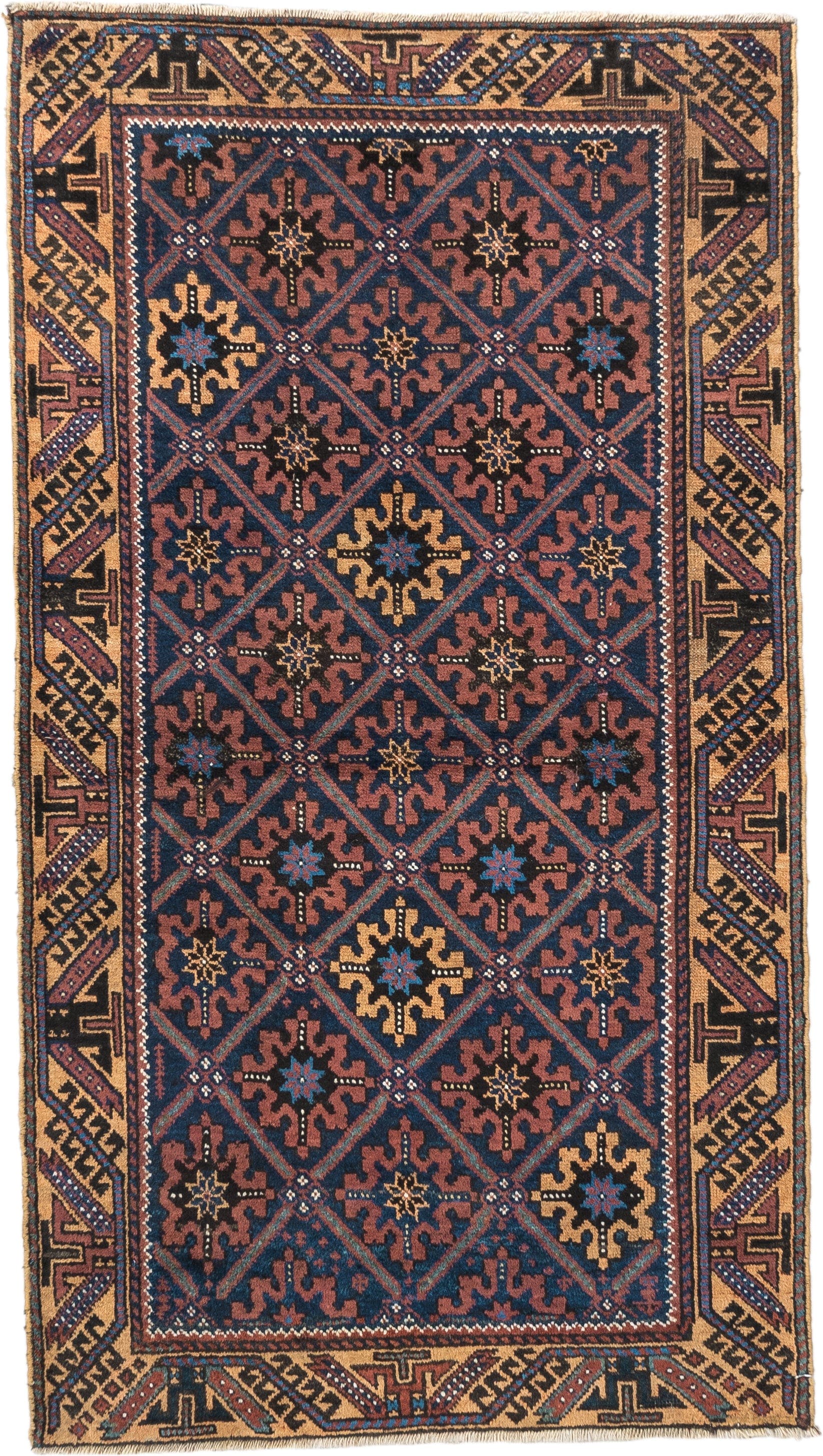2' x 4' one-of-a-kind handmade vintage Belouch small size rug. Color palette: navy, camel, rust, indigo, gold, rose, ivory