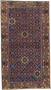 2' x 4' one-of-a-kind handmade vintage Belouch small size rug. Color palette: navy, camel, rust, indigo, gold, rose, ivory
