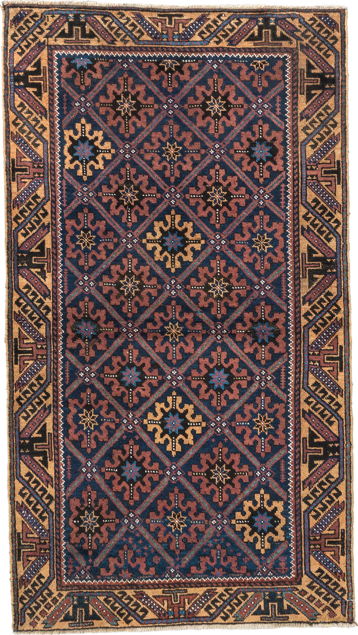 2' x 4' one-of-a-kind handmade vintage Belouch small size rug. Color palette: black, blue, brown, burlywood, charcoal