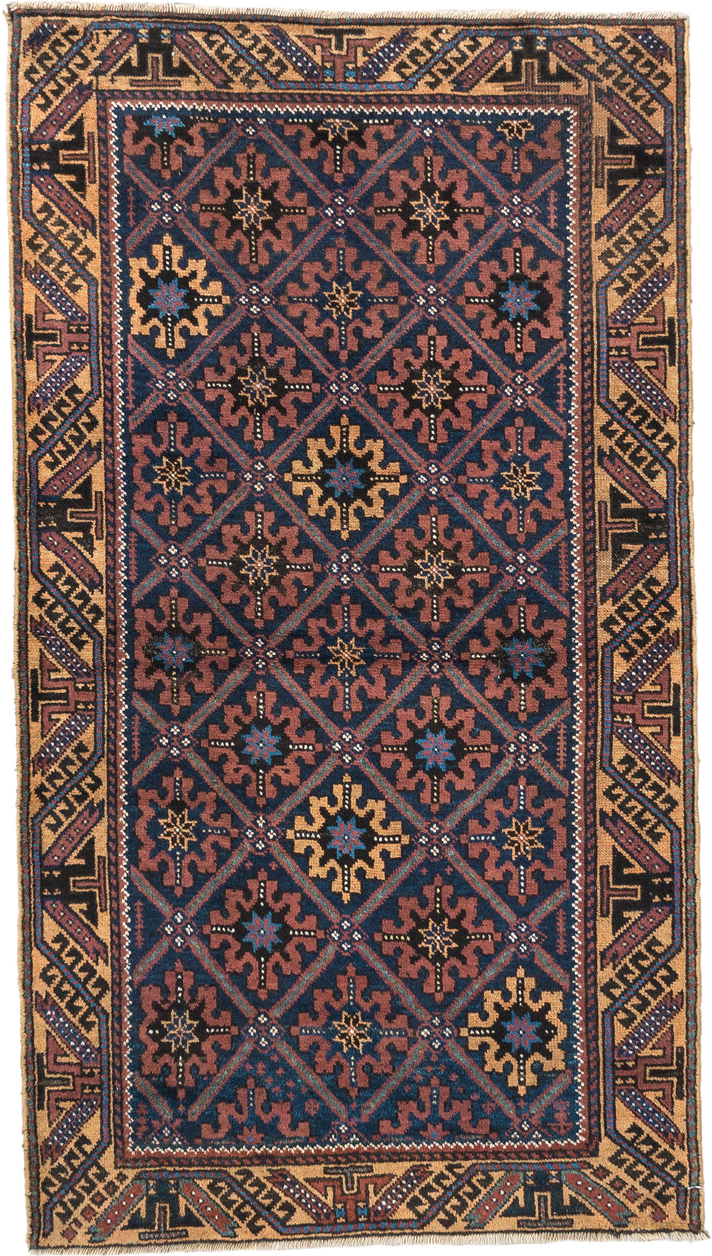 2' x 4' one-of-a-kind handmade vintage Belouch small size rug. Color palette: navy, camel, rust, indigo, gold, rose, ivory