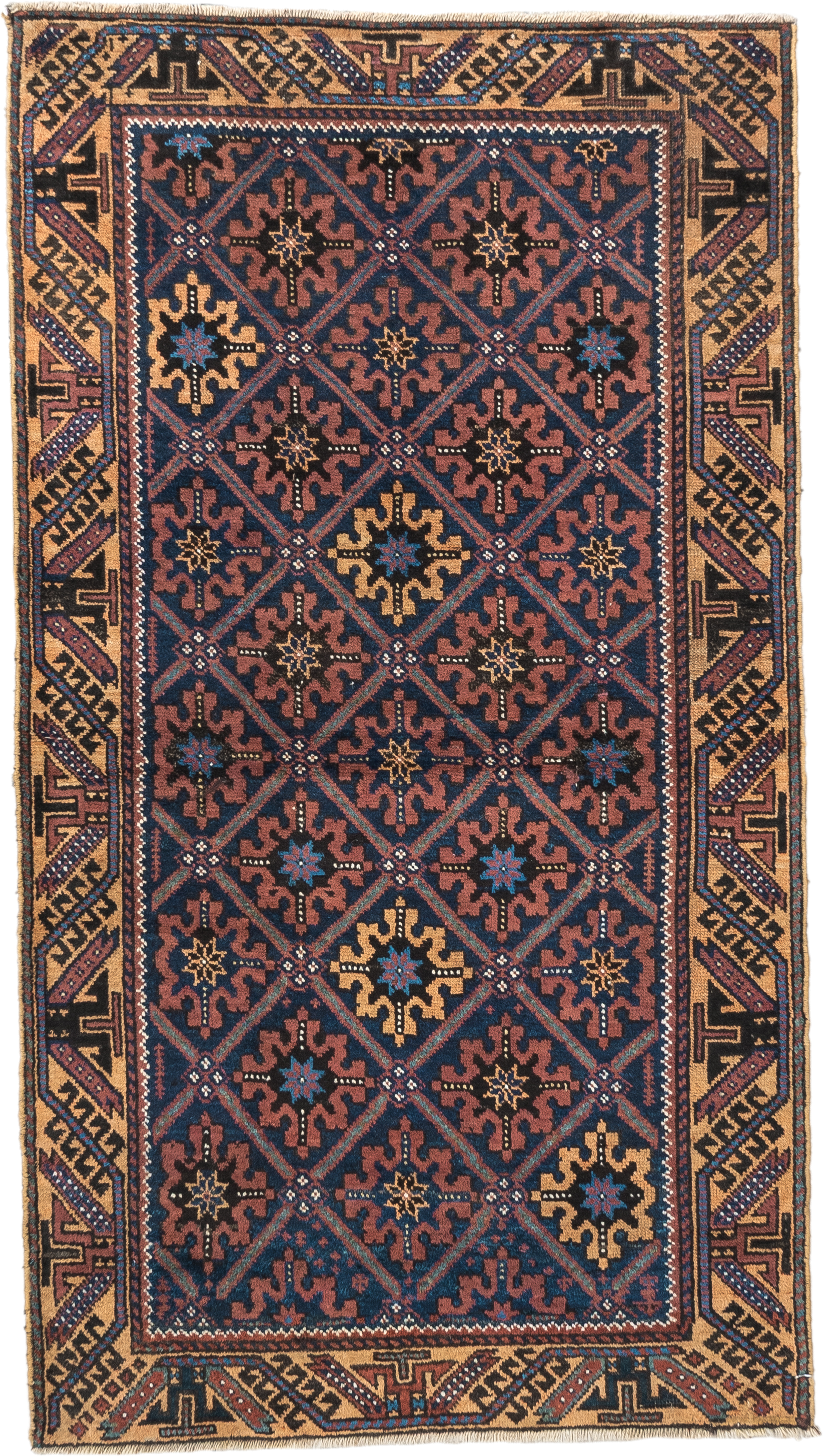 2' x 4' one-of-a-kind handmade vintage Belouch small size rug. Color palette: navy, camel, rust, indigo, gold, rose, ivory