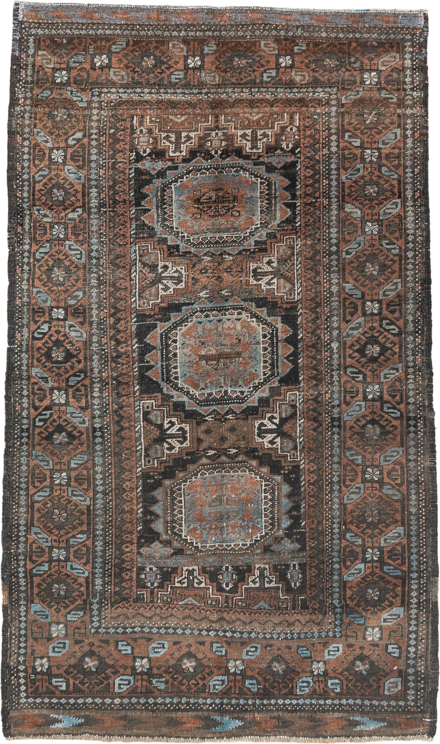 3' x 5' one-of-a-kind handmade antique Belouch small size rug. Color palette: brown, charcoal, rust, sky blue, ivory, taupe