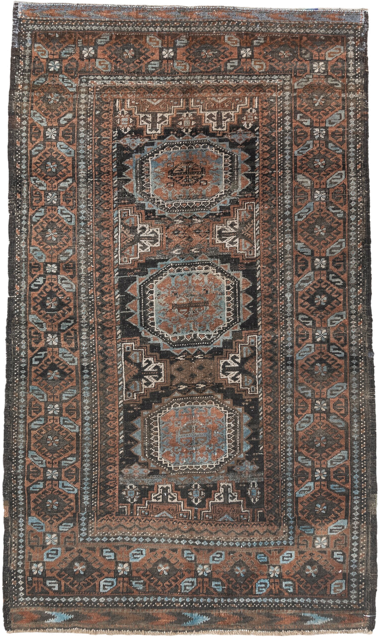 3' x 5' one-of-a-kind handmade antique Belouch small size rug. Color palette: brown, charcoal, rust, sky blue, ivory, taupe