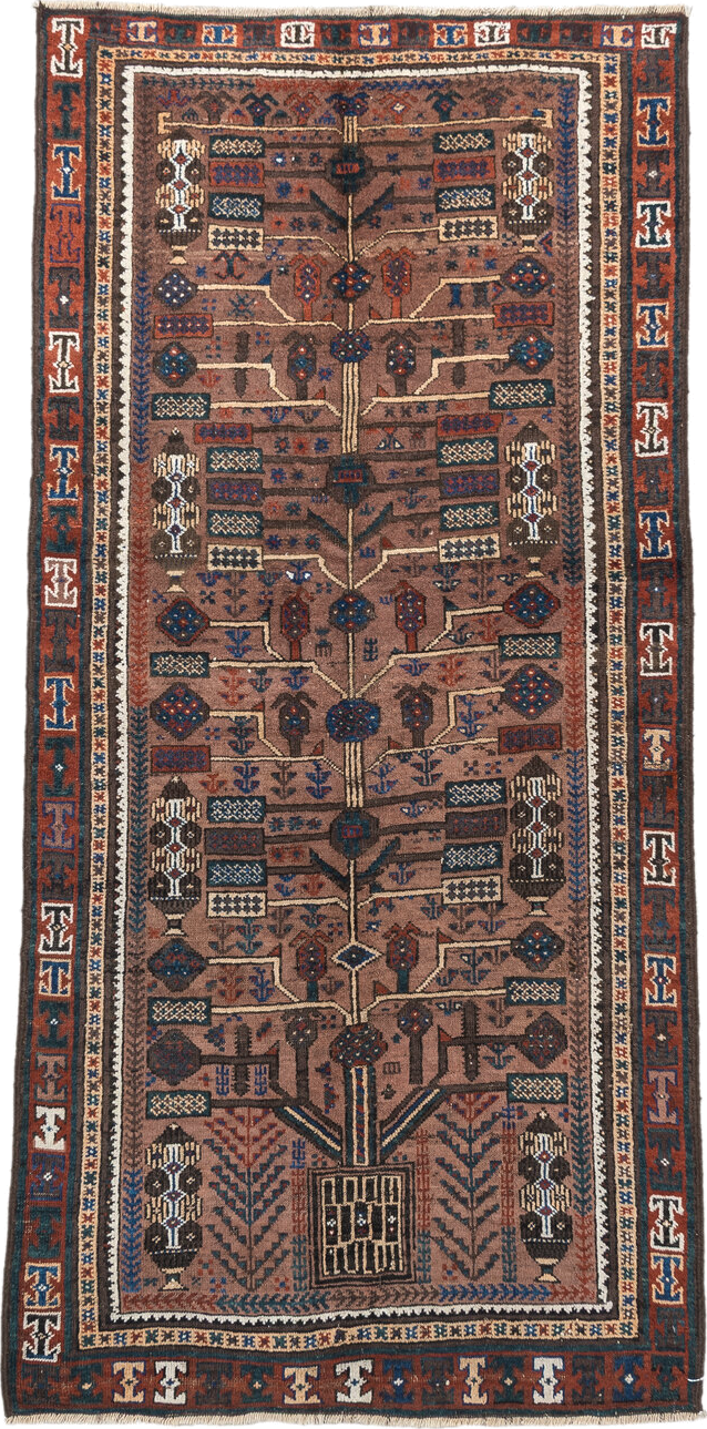 3' x 6' one-of-a-kind handmade vintage Belouch runner rug. Color palette: bisque, black, blanched almond, blue, brown