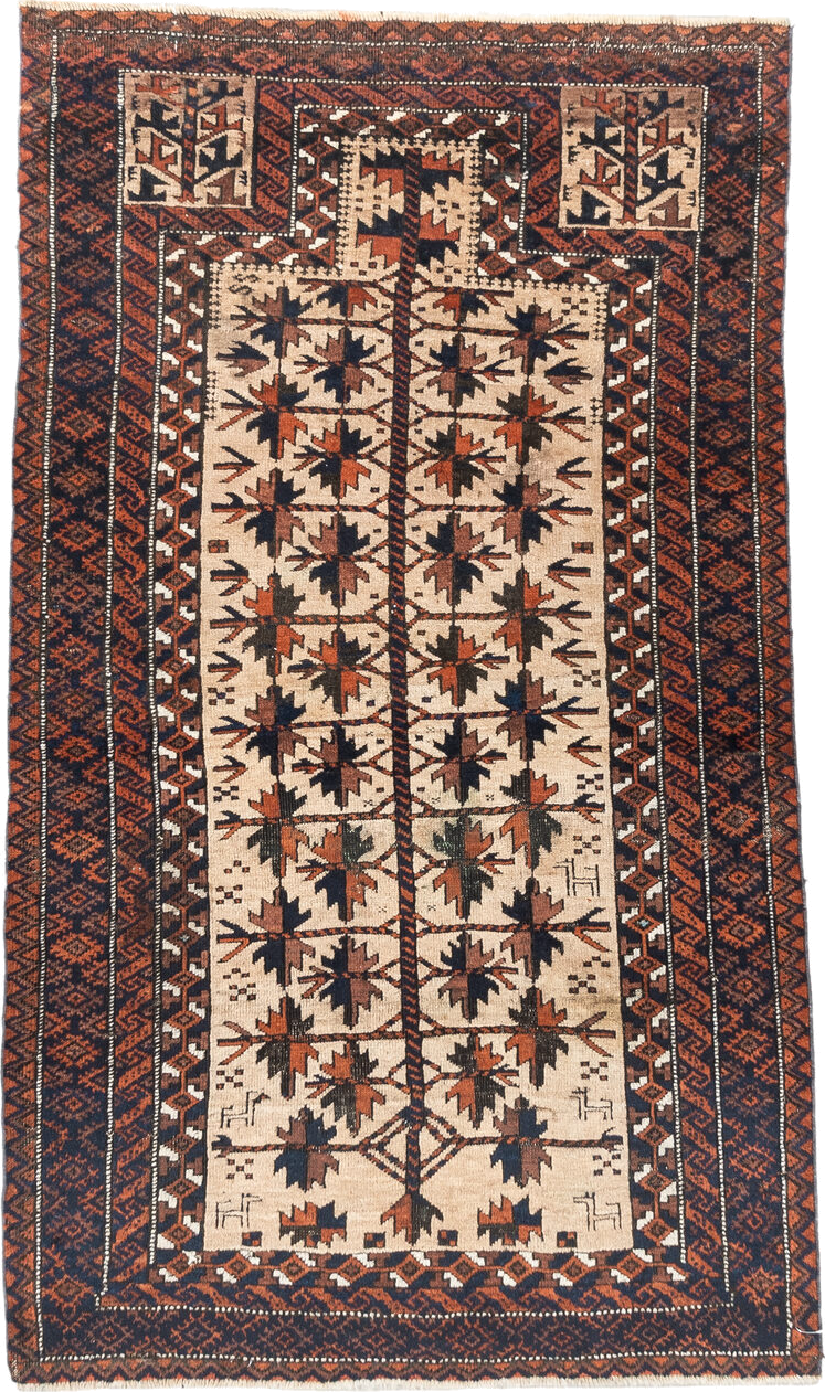 2' x 4' one-of-a-kind handmade vintage Belouch small size rug. Color palette: antiquewhite, bisque, blanched almond, blue