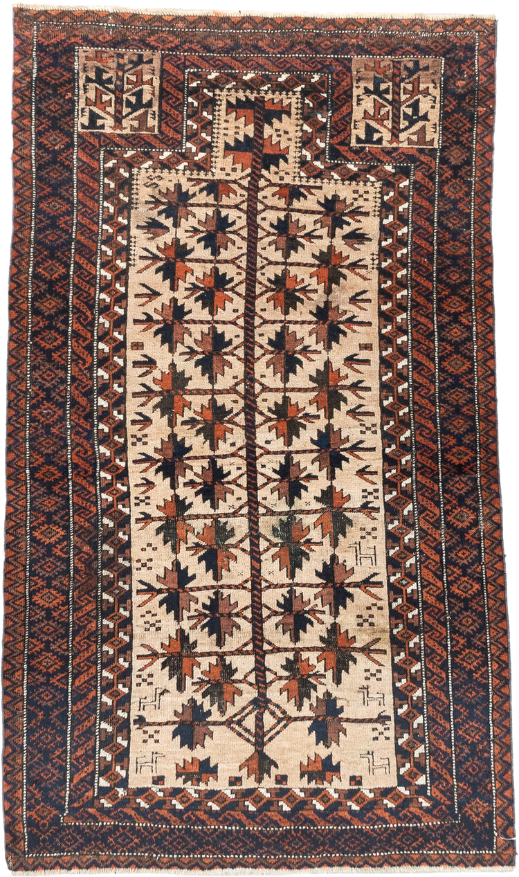 2' x 4' one-of-a-kind handmade vintage Belouch small size rug. Color palette: ivory, rust, navy, camel, brown, terracotta