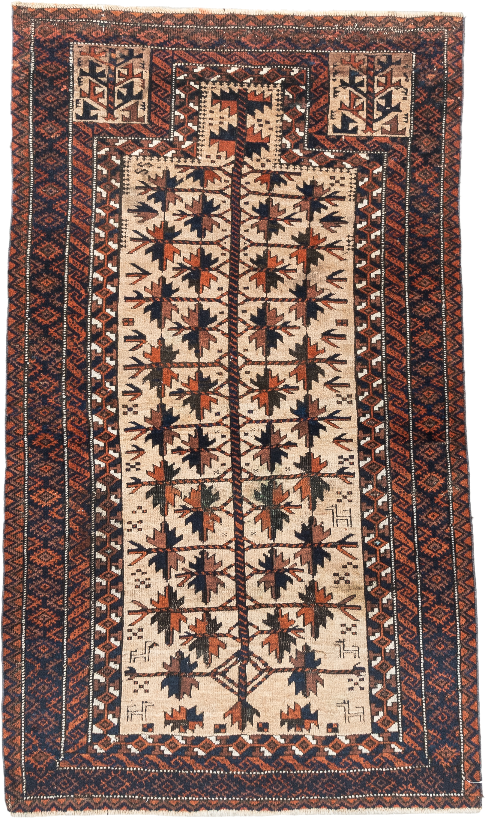 2' x 4' one-of-a-kind handmade vintage Belouch small size rug. Color palette: ivory, rust, navy, camel, brown, terracotta