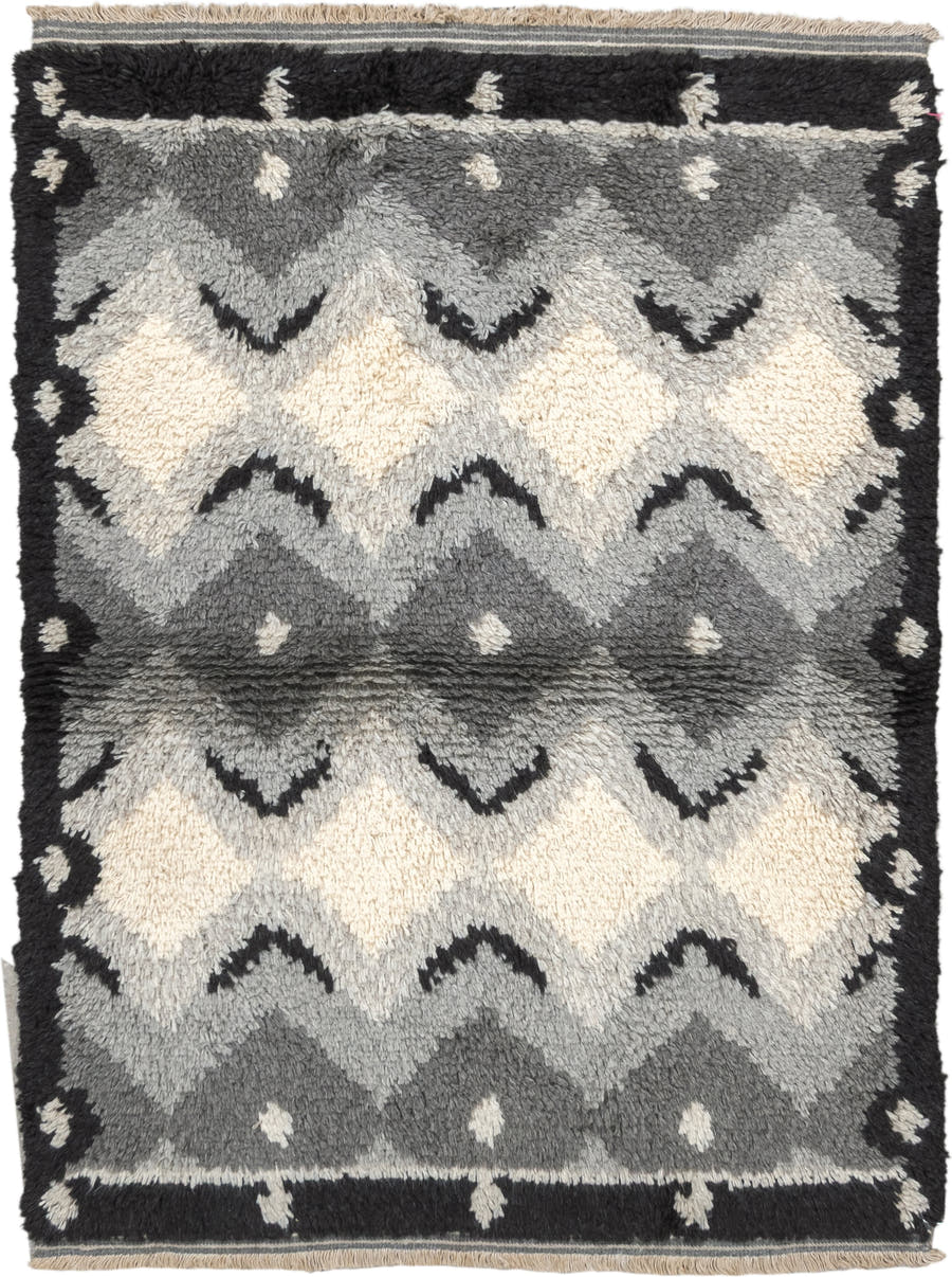 3' x 5' one-of-a-kind handmade vintage Scadinavian small size rug. Color palette: gray, ivory, charcoal, black, cream