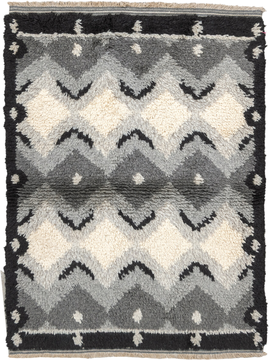 3' x 5' one-of-a-kind handmade vintage Scadinavian small size rug. Color palette: gray, ivory, charcoal, black, cream
