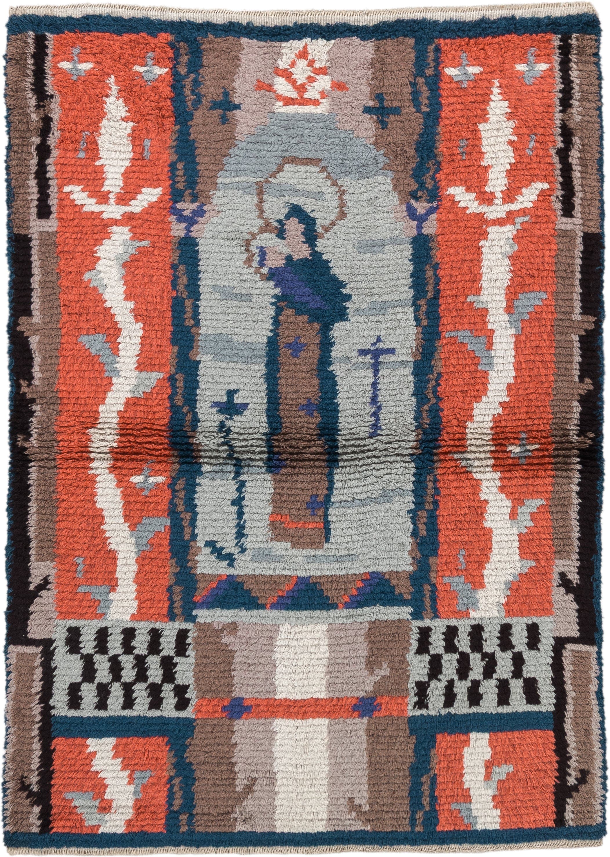 3' x 4' one-of-a-kind handmade antique Scadinavian small size rug. Color palette: coral, ivory, taupe, blue, slate, charcoal