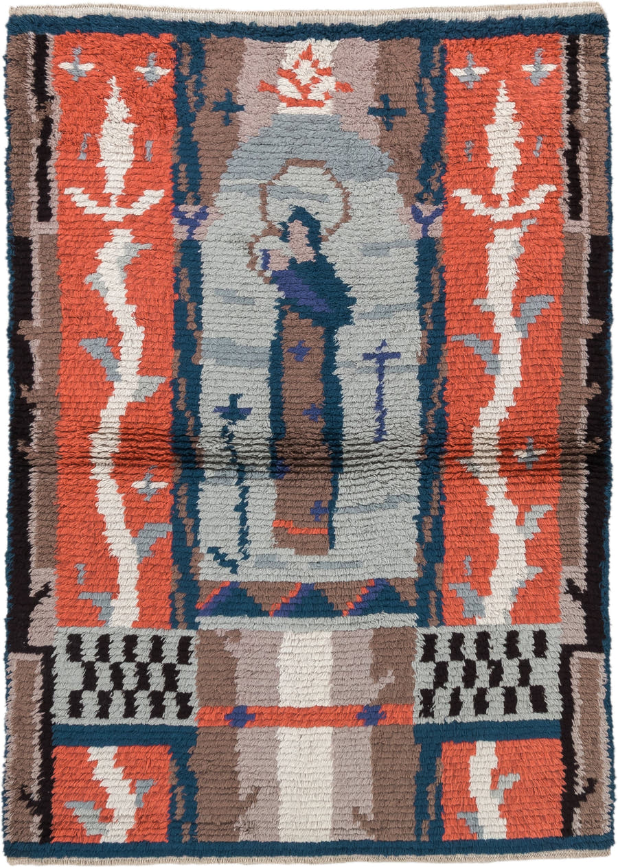 3' x 4' one-of-a-kind handmade antique Scadinavian small size rug. Color palette: coral, ivory, taupe, blue, slate, charcoal