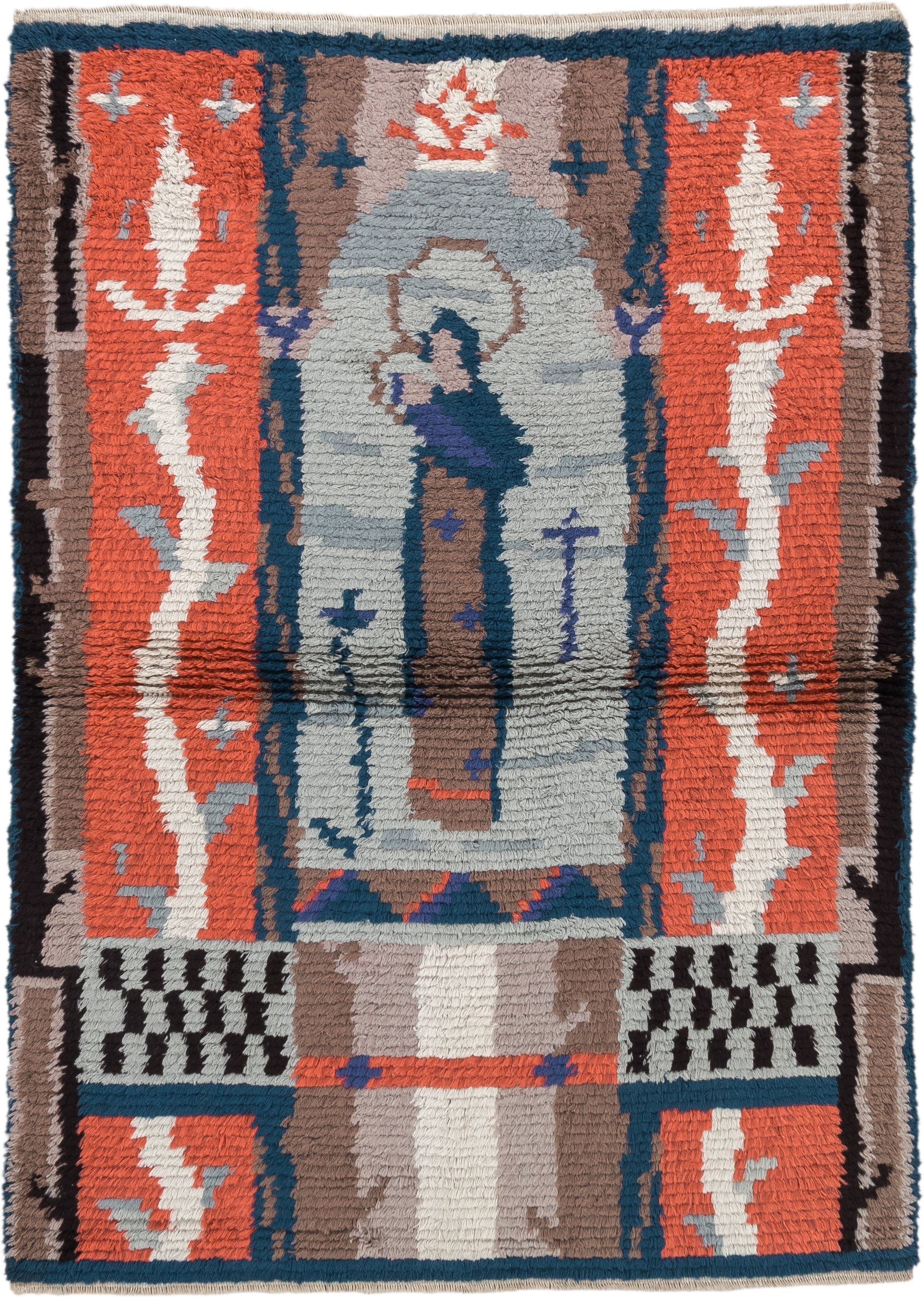 3' x 4' one-of-a-kind handmade antique Scadinavian small size rug. Color palette: coral, ivory, taupe, blue, slate, charcoal